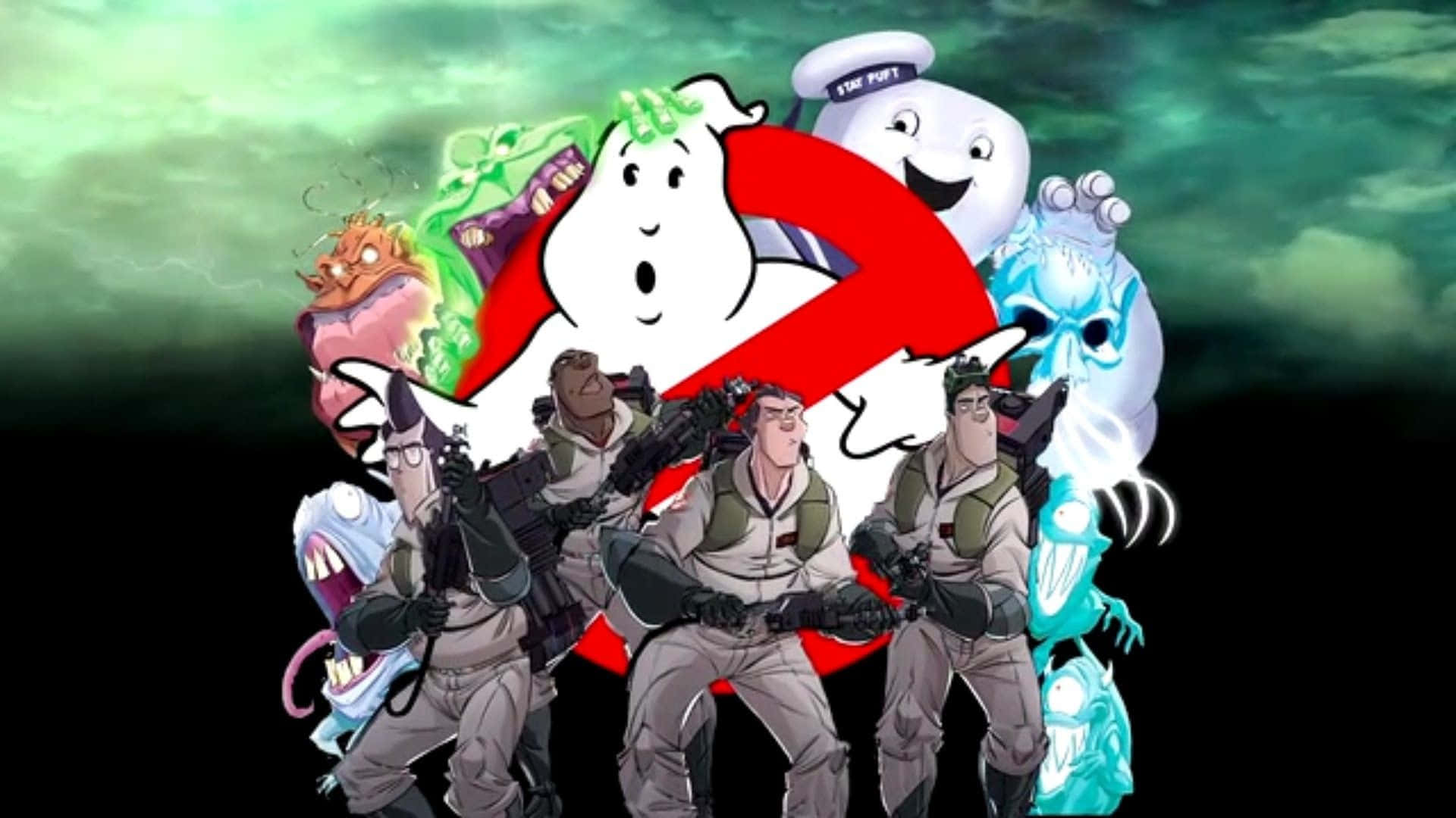 Ghostbusters 桌布 壁紙 — 捉鬼敢死隊以標誌性裝備準備就緒，背景是威脅性的鬼魂和捉鬼敢死隊標誌。