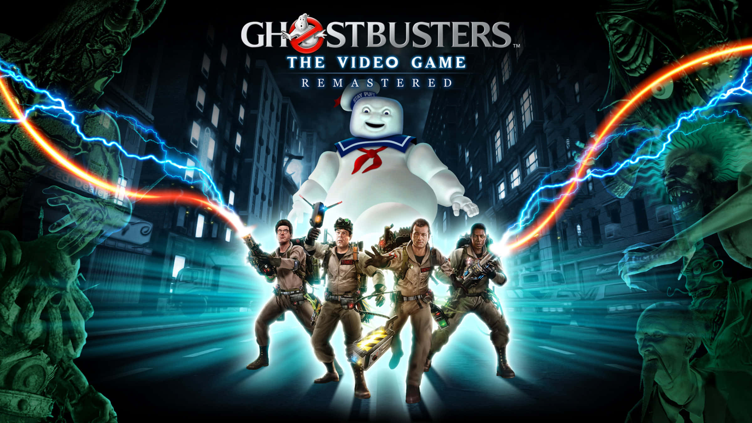 Ghostbusters 桌布 壁紙 — 捉鬼敢死隊在夜間霓虹燈照亮的城市街道上與棉花糖人及鬼魂敵人一起行動。