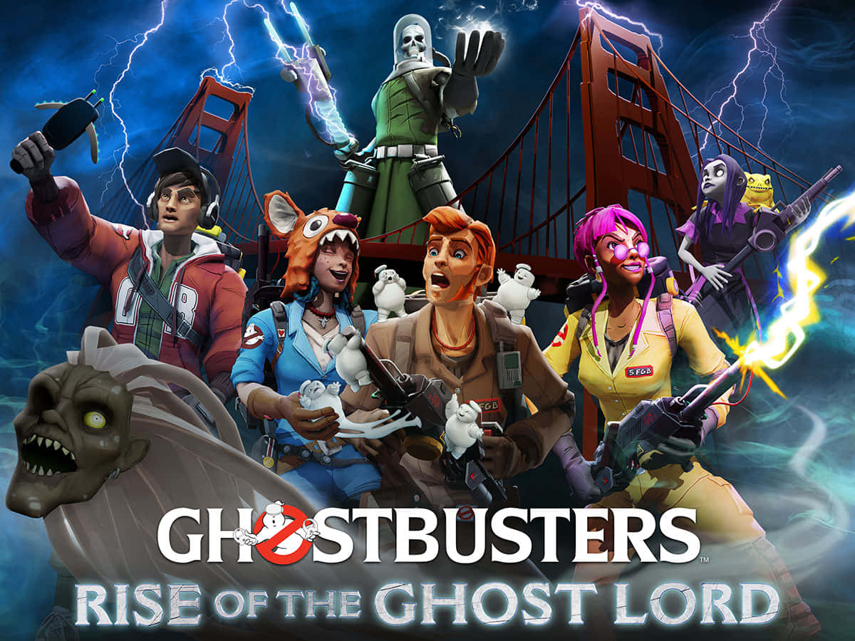 Ghostbusters 桌布 壁紙 — 捉鬼敢死隊在金門大橋的暴風雨背景下，用質子背包與鬼魂敵人作戰。
