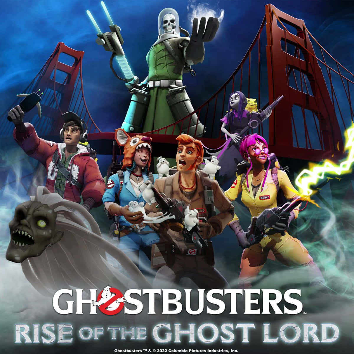 Ghostbusters 桌布 壁紙 — 捉鬼敢死隊在黑暗的天空下與鬼魂敵人作戰，金門大橋在他們身後若隱若現。