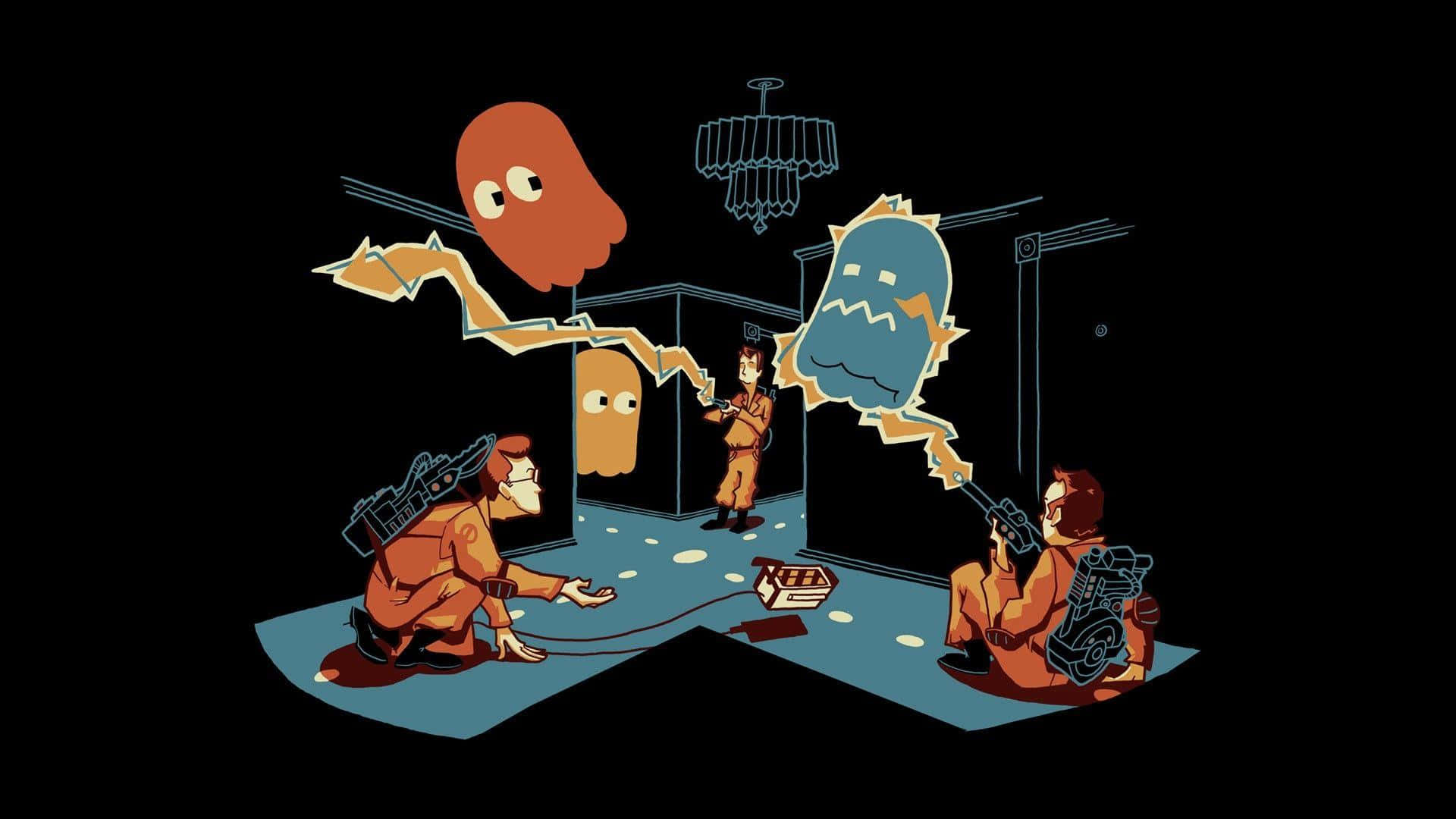 穿著橙色裝備的捉鬼敢死隊在一個有吊燈的黑暗房間裡與卡通鬼魂戰鬥。