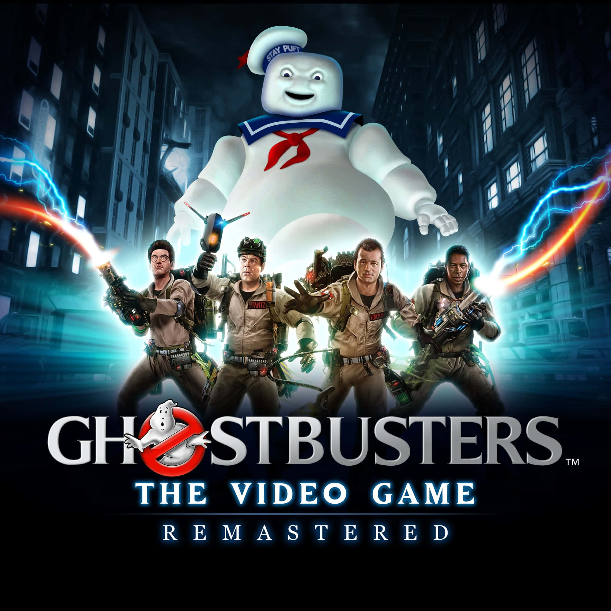Ghostbusters 桌布 壁紙 — 捉鬼敢死隊與棉花糖人Stay Puft在夜晚霓虹燈照亮的城市街道上聳立。