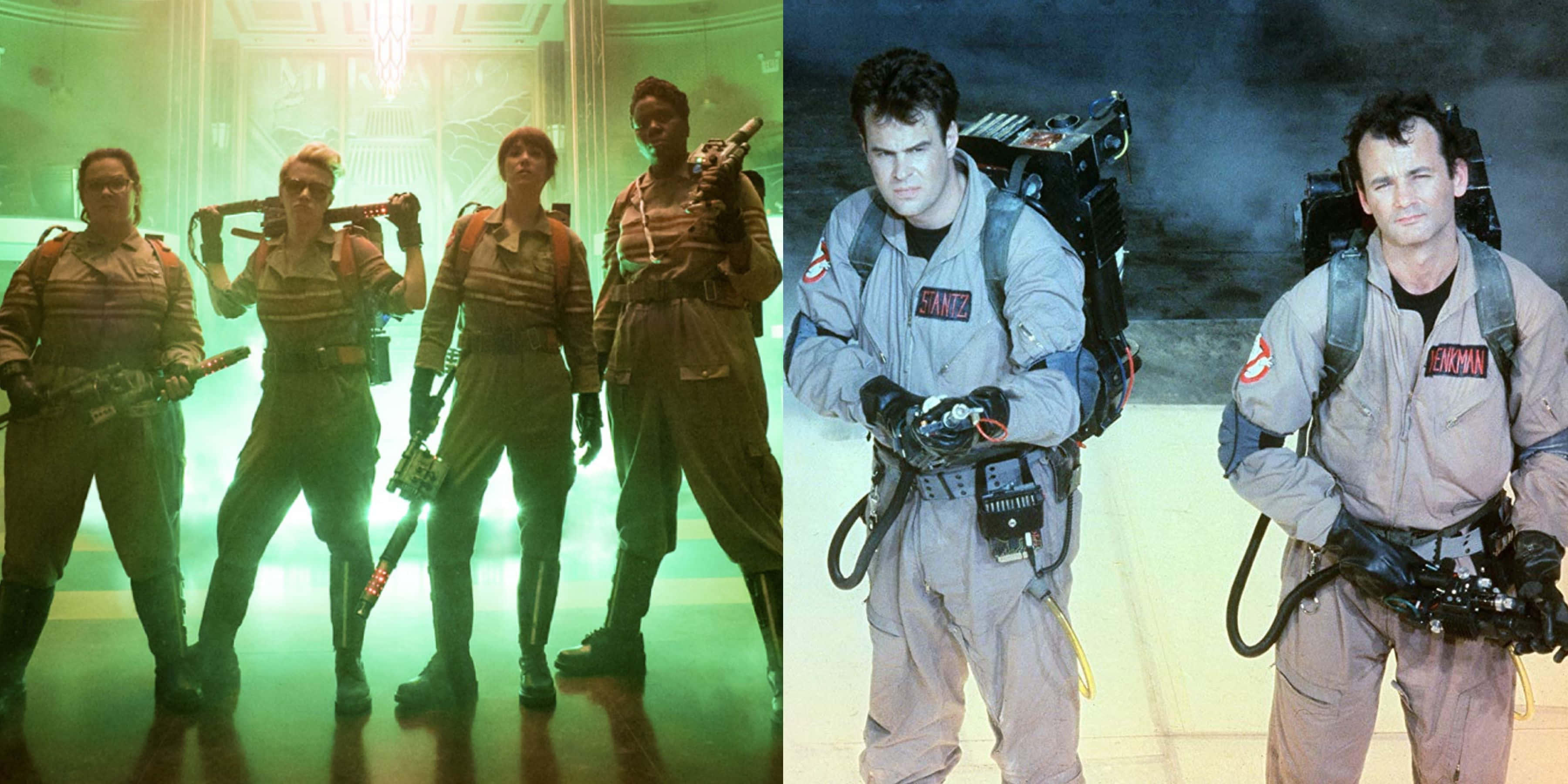 Ghostbusters 桌布 壁紙 — 捉鬼敢死隊配備標誌性質子背包，準備就緒，站在發光的綠色走廊中。