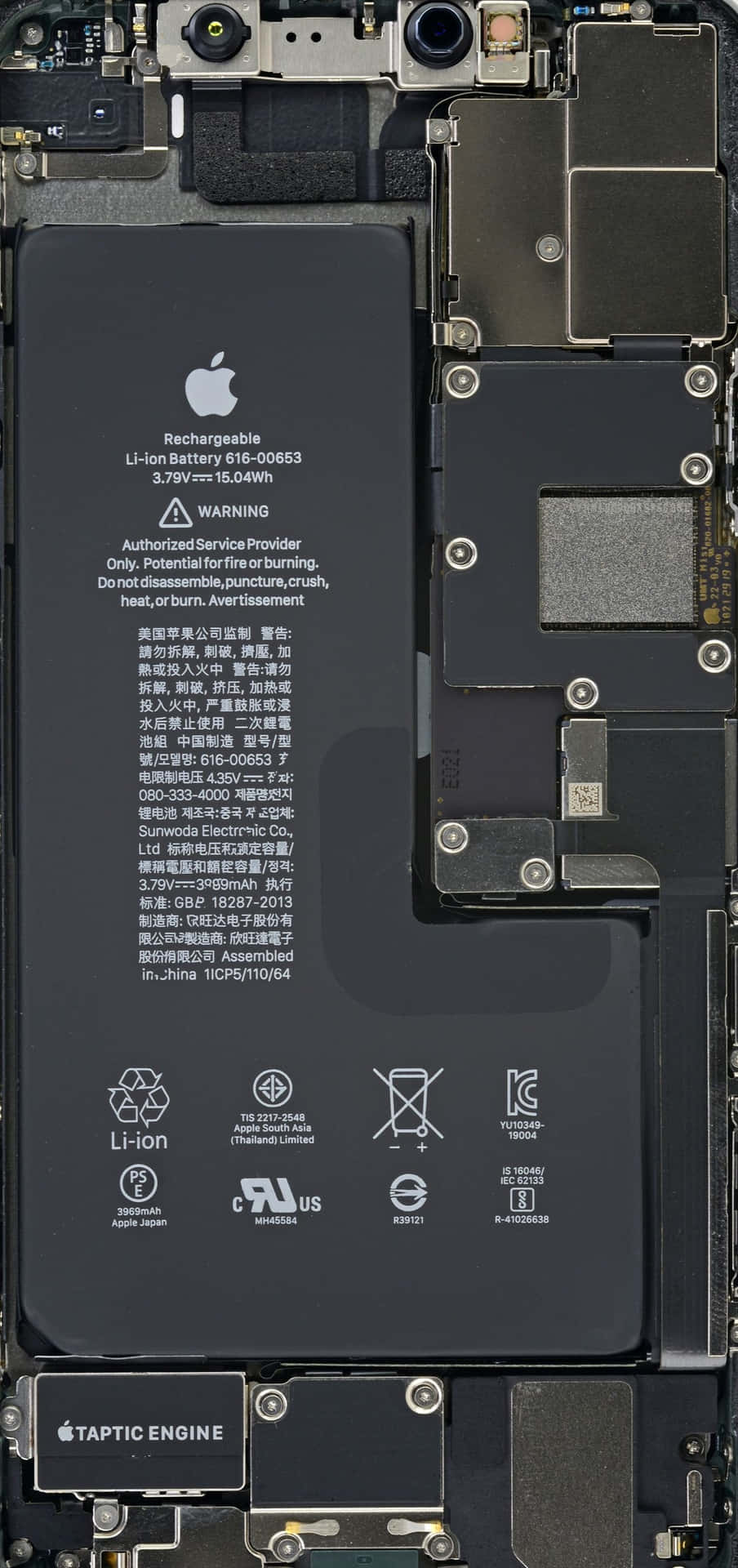iPhone內部視圖，顯示電池和電路