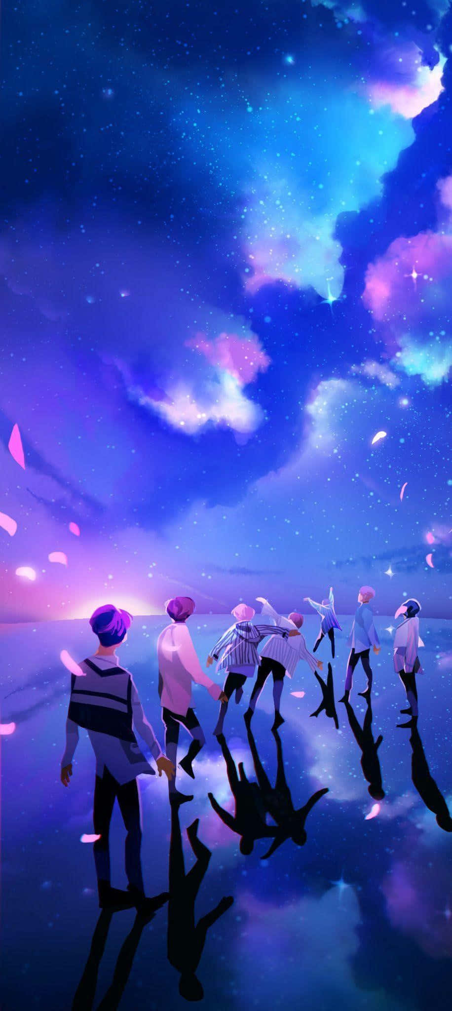 捕捉BTS本質的迷人粉絲藝術 壁紙 — 一群人物在充滿星星和發光雲彩的充滿活力的宇宙天空下，走過一個反射表面。