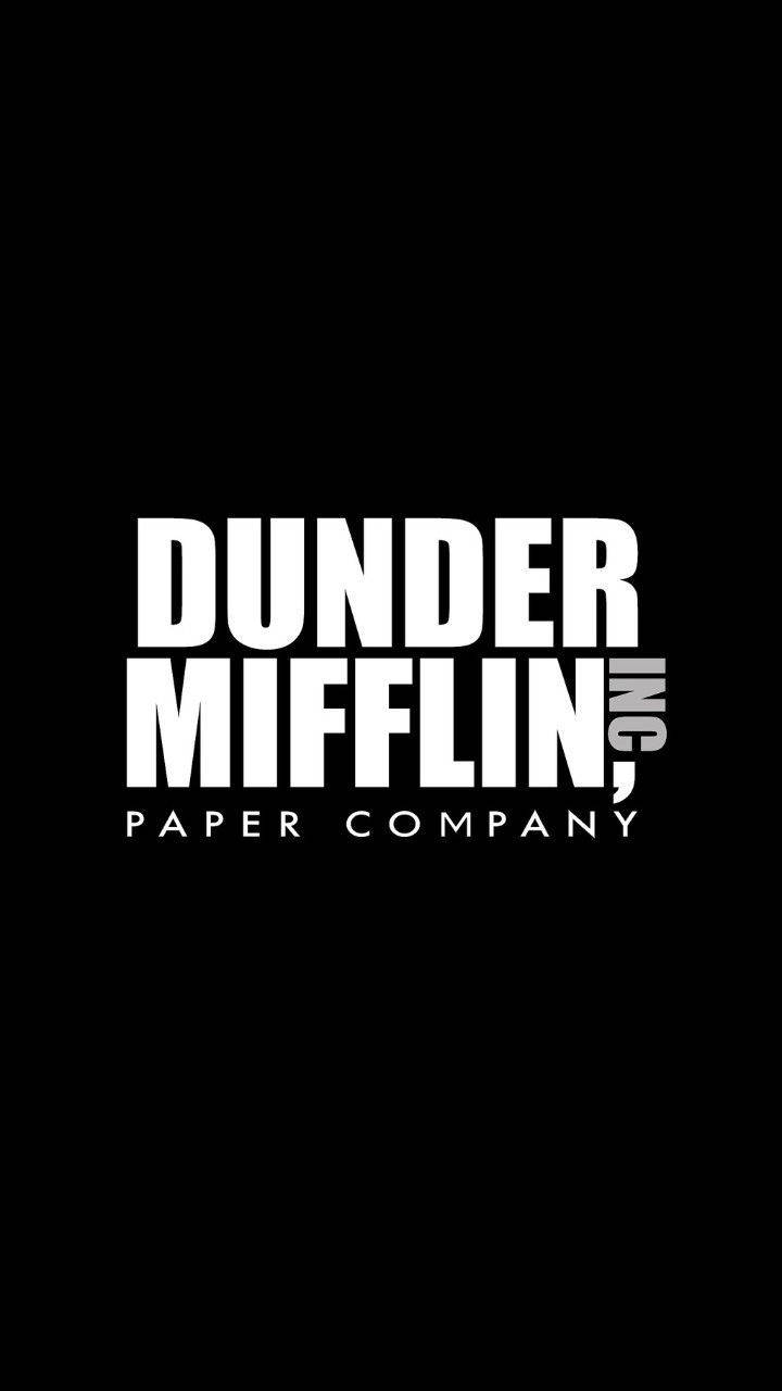 白色 Dunder Mifflin Inc 紙業公司標誌在黑色背景上
