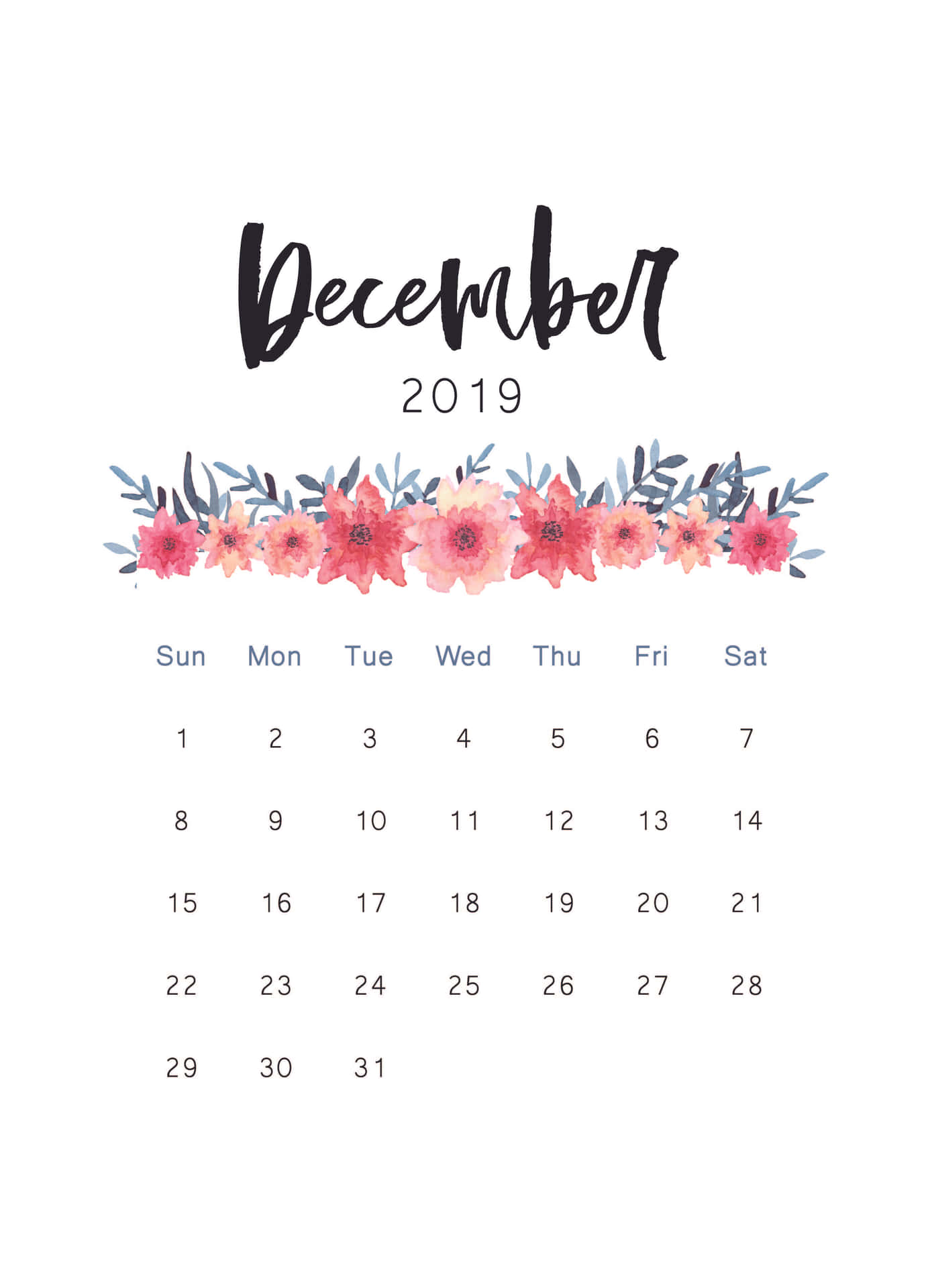 2019年12月月曆，水彩花卉設計
