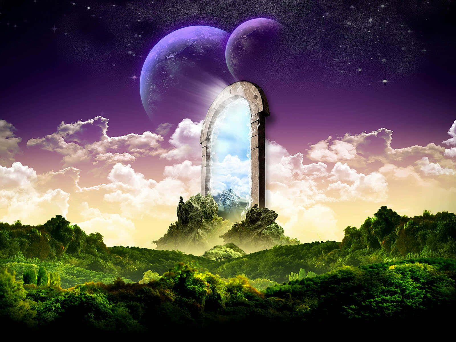綠色山谷中的石拱門通向一個帶有紫色行星和星星的傳送門