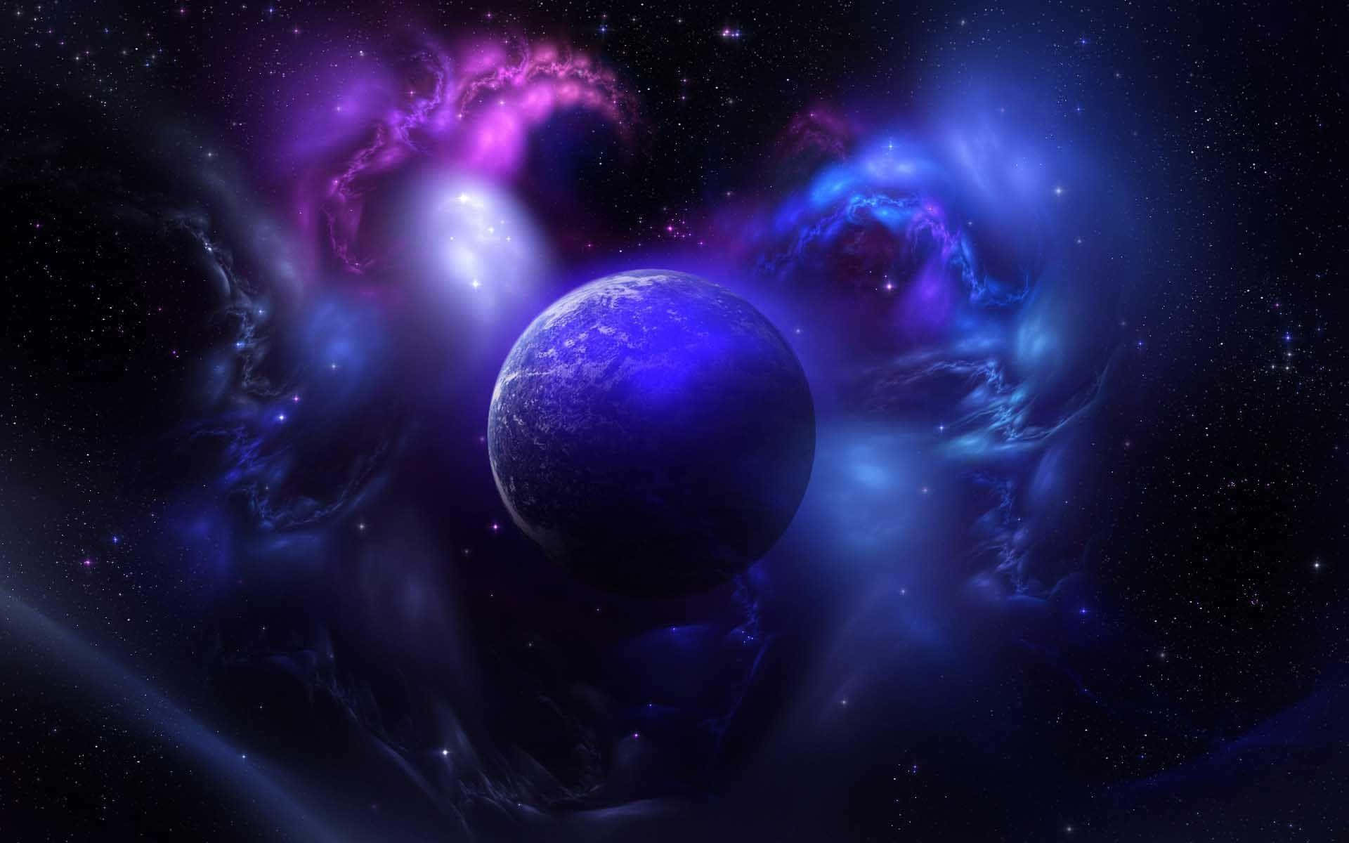 一顆藍色行星被深空中色彩繽紛的宇宙雲和星星環繞。