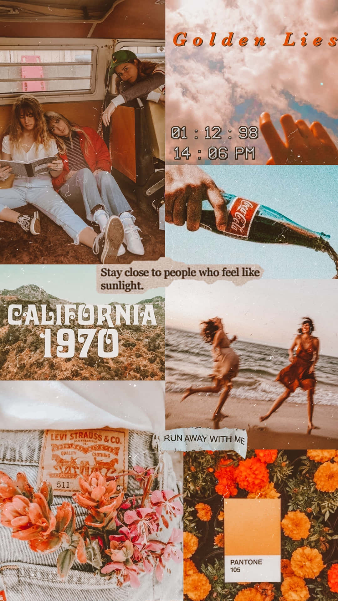 1970年代加州復古拼貼畫，包含人物、鮮花、牛仔布和日落場景。