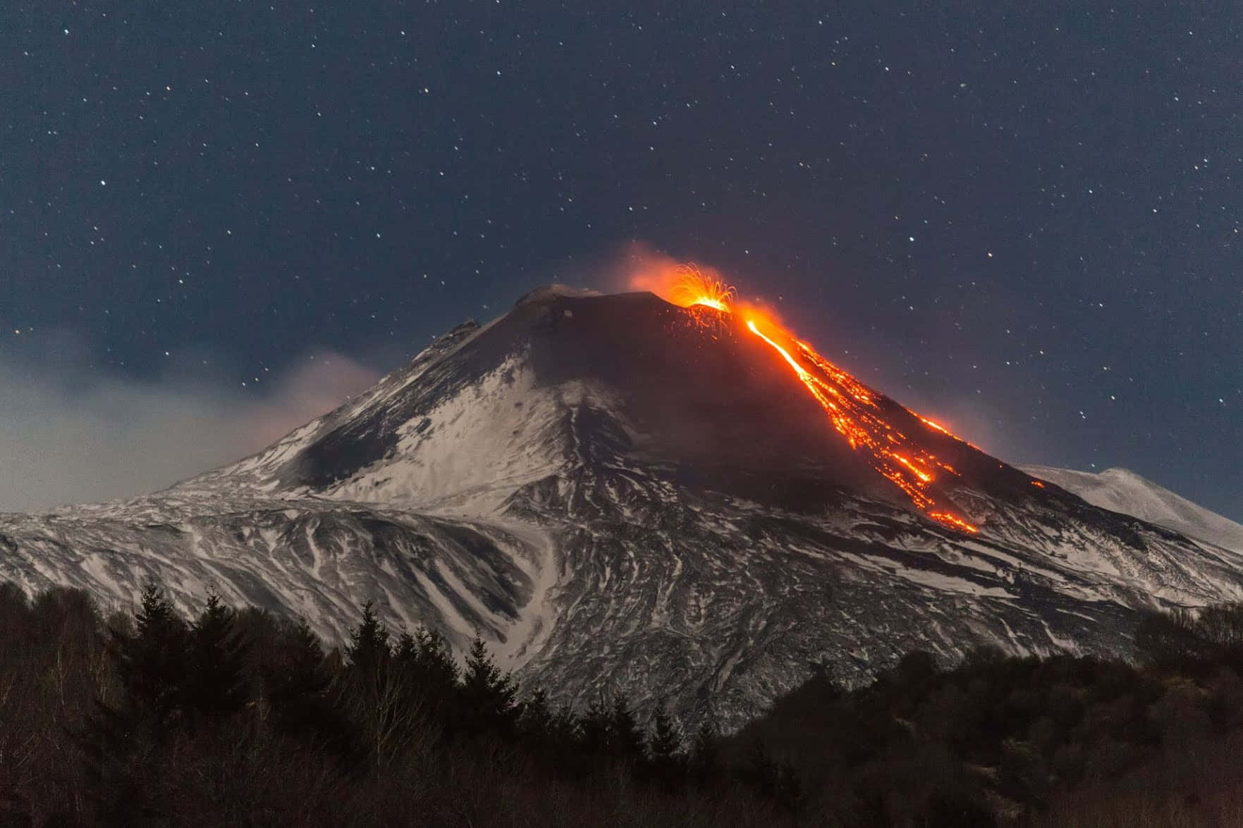 積雪火山在星空下爆發熔岩。 — 熱門 GIF 壁紙