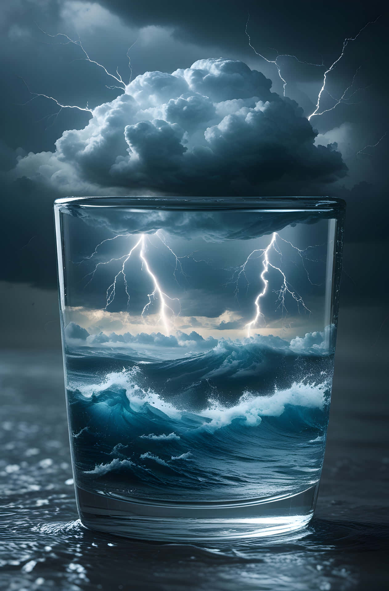 一杯水中有一個風暴場景，顯示閃電和波浪。
