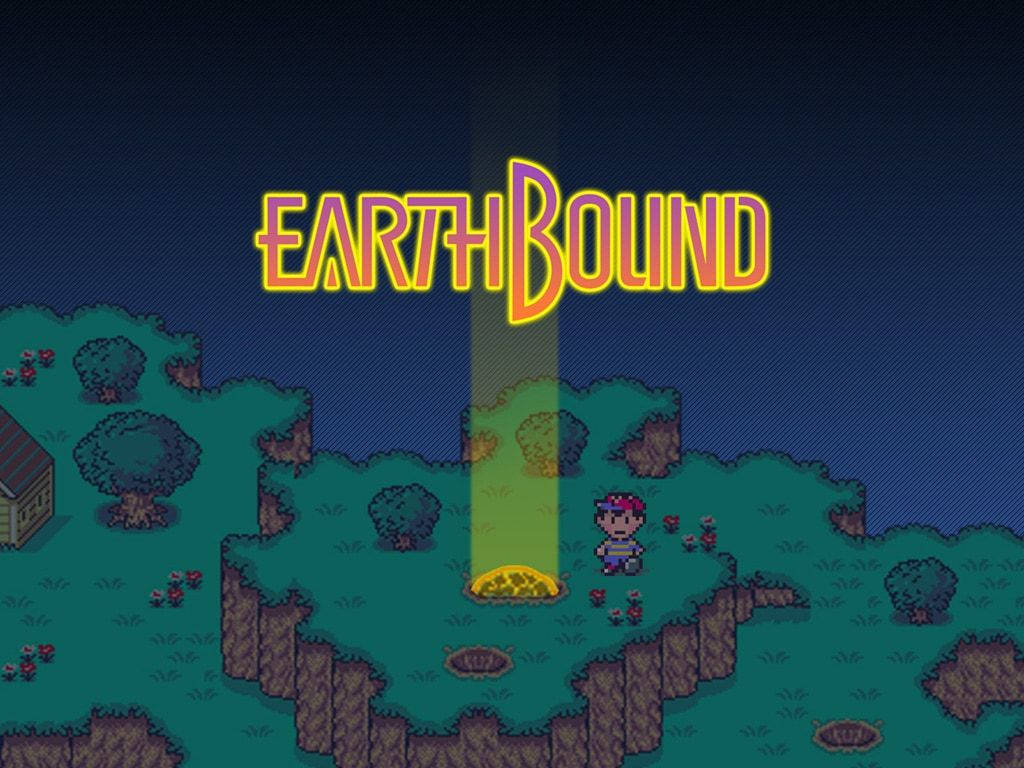 像素藝術遊戲 EarthBound 標題在夜間景觀上，一個角色在發光的洞附近。