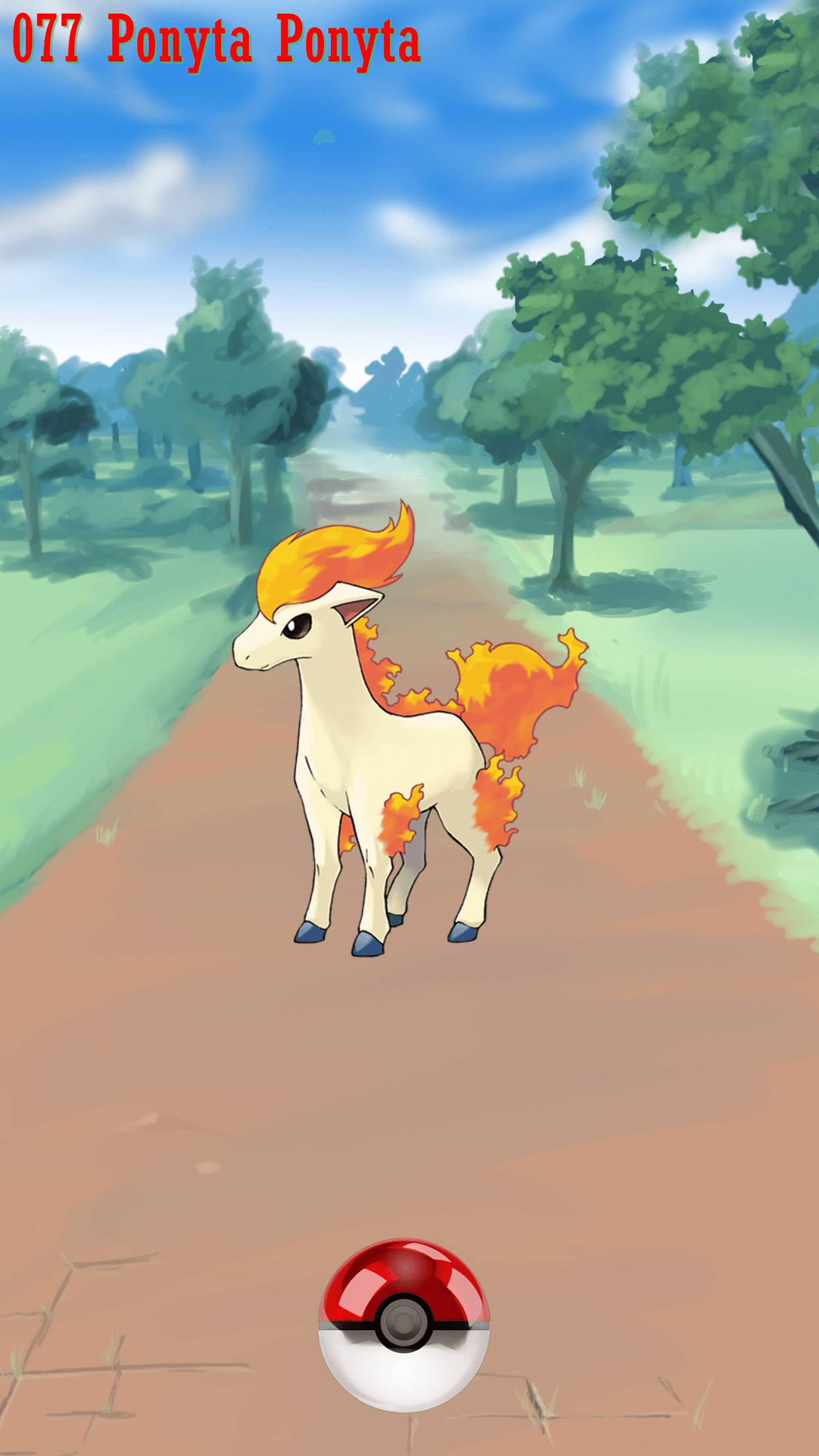 捕捉野生Pokémon 紫色小馬 壁紙 — 一隻火焰般的小火馬站在陽光明媚的森林中的泥土小徑上，底部有一個精靈球。