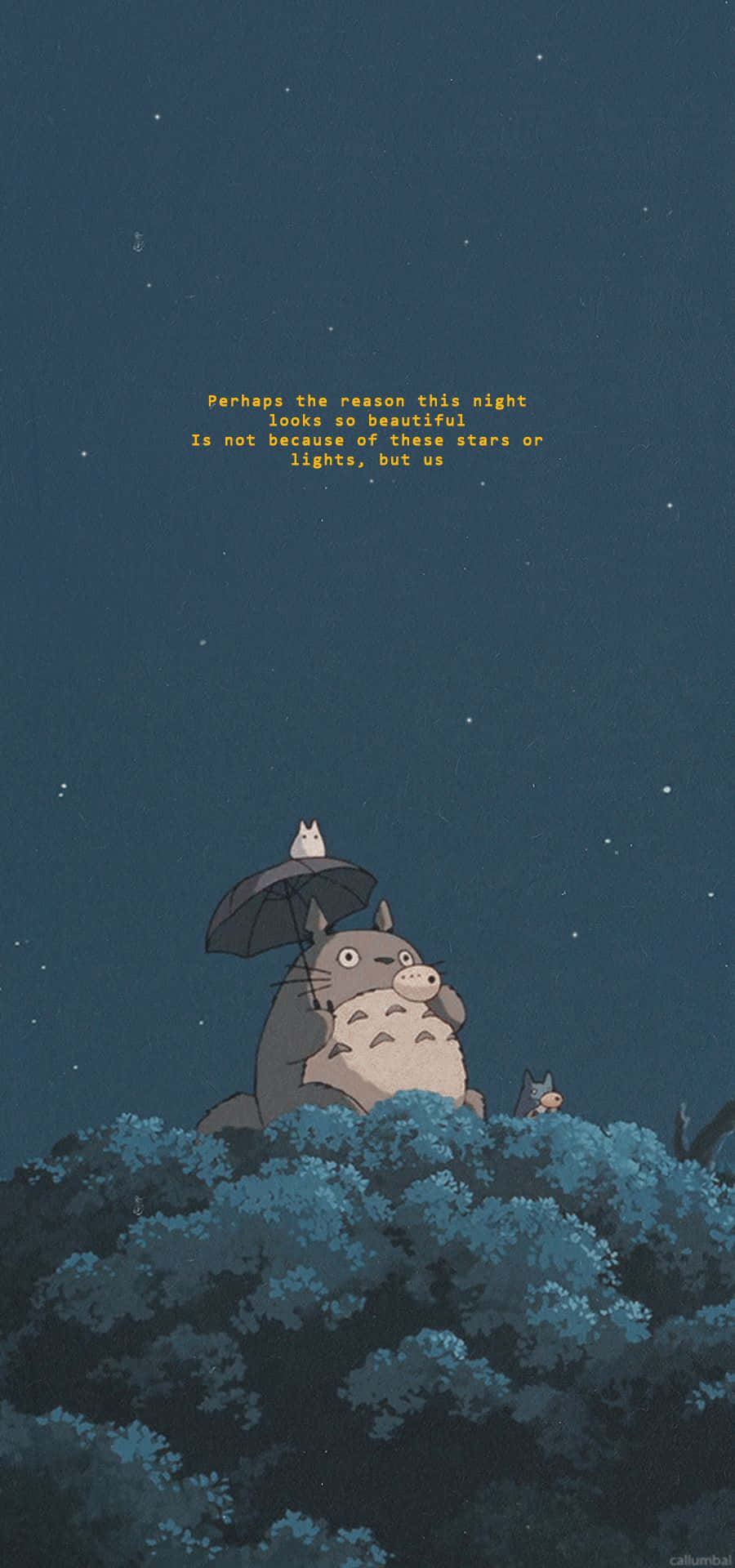 龍貓和朋友們在繁星點點的夜空下，在長滿青苔的小山上，一句發光的語錄。