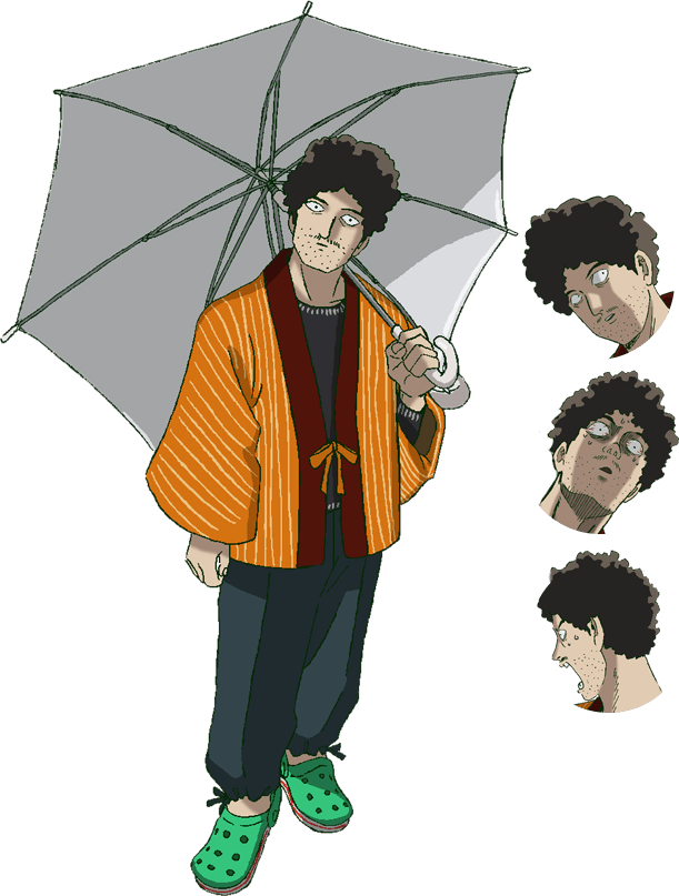 捲髮角色持傘 壁紙 — 動漫角色捲髮，手持灰色雨傘，身穿橙色條紋長袍和綠色圓點鞋。
