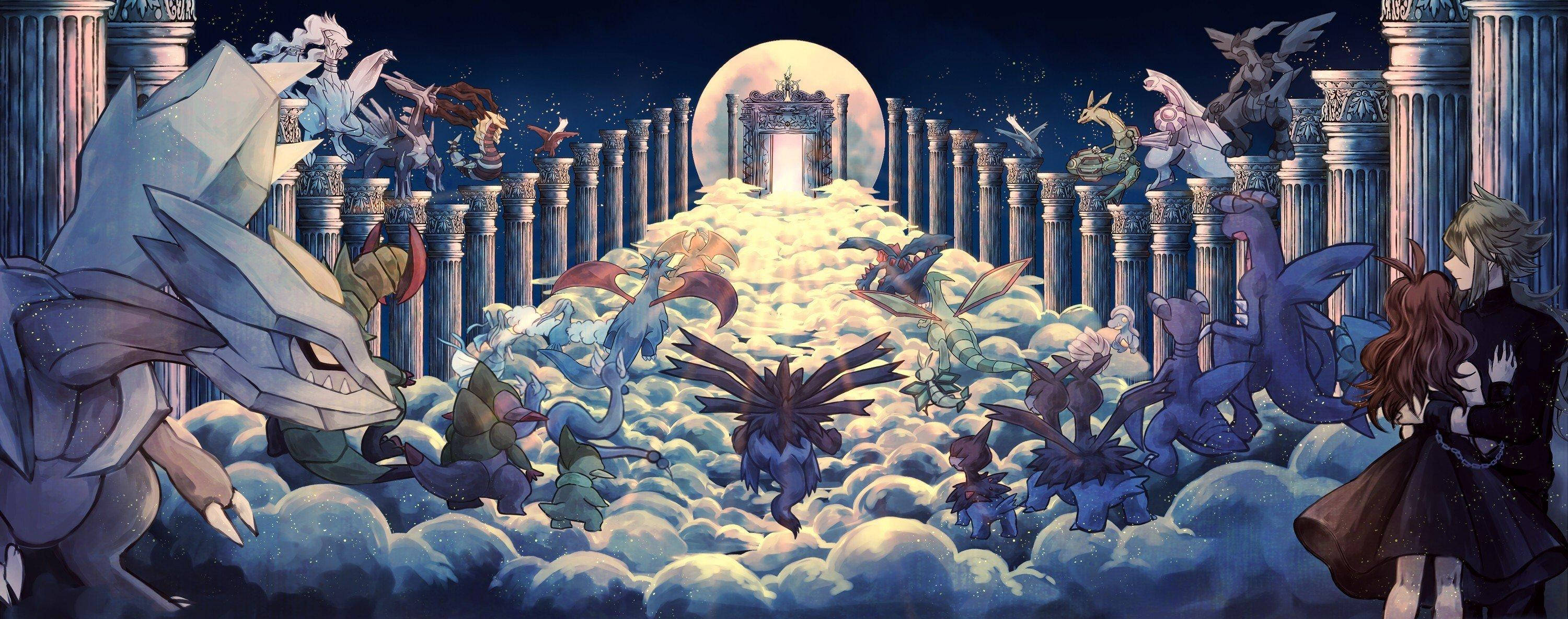 捷克羅姆與寶可夢天堂 壁紙 — 兩個人物在雲端平台上擁抱，神話生物在發光的月亮下圍繞著古老的柱子飛翔。
