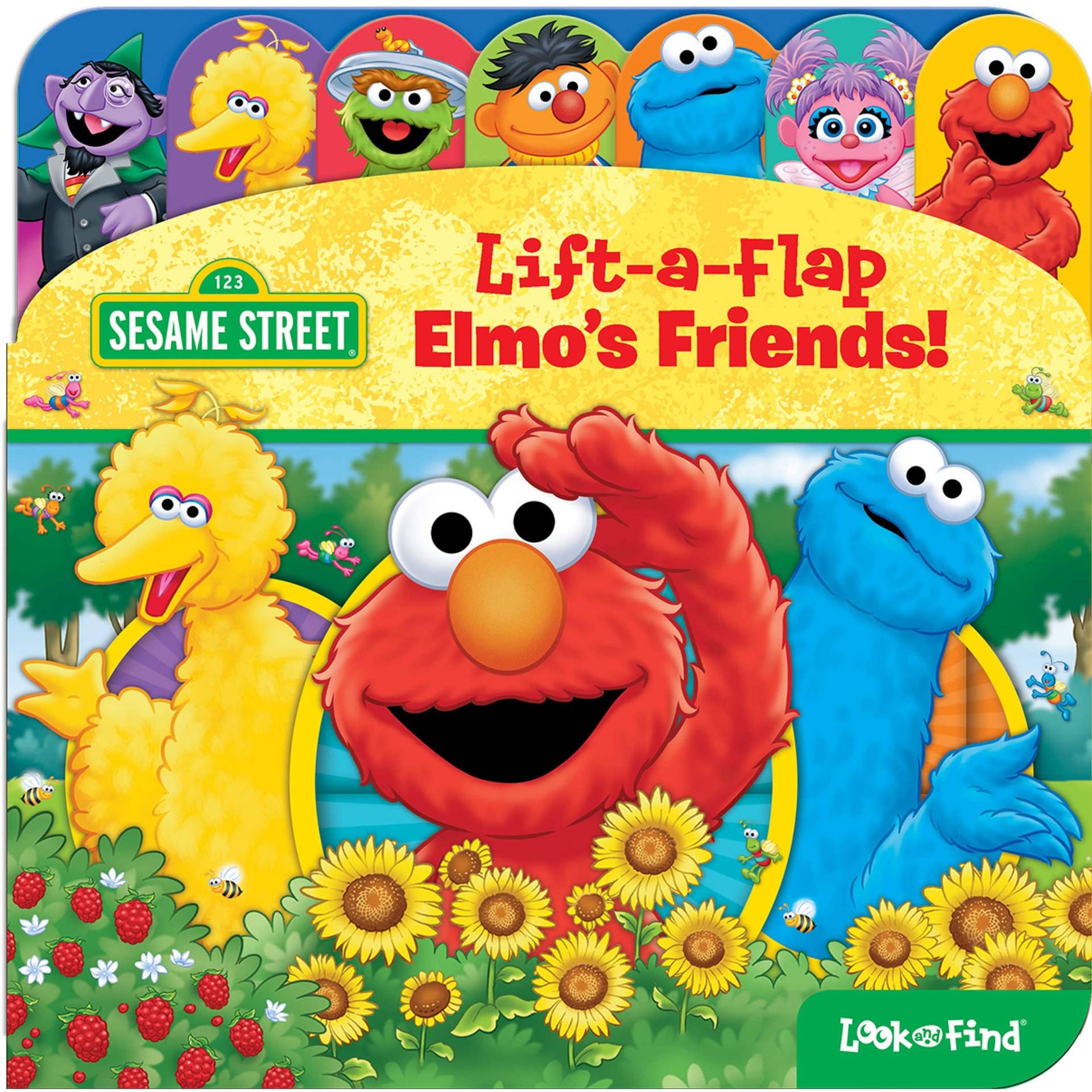 Elmo、Cookie Monster 和 Big Bird 在向日葵田裡，有草莓和蜜蜂。