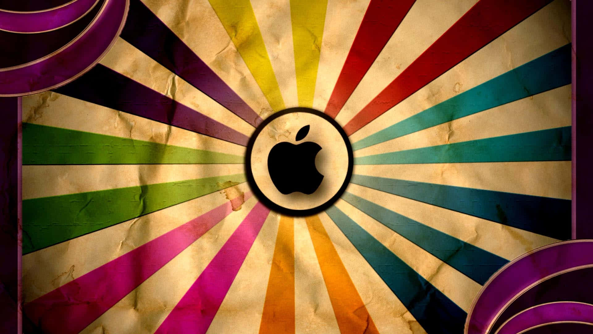 Apple標誌在色彩繽紛的復古太陽光線背景上，帶有皺紙質感。