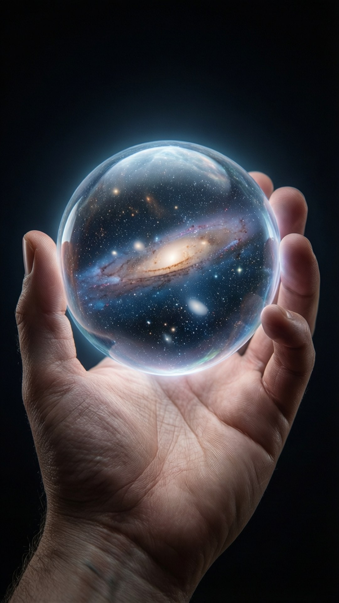 手拿著一個發光的球體，內含一個帶有星星和宇宙塵埃的螺旋星系。