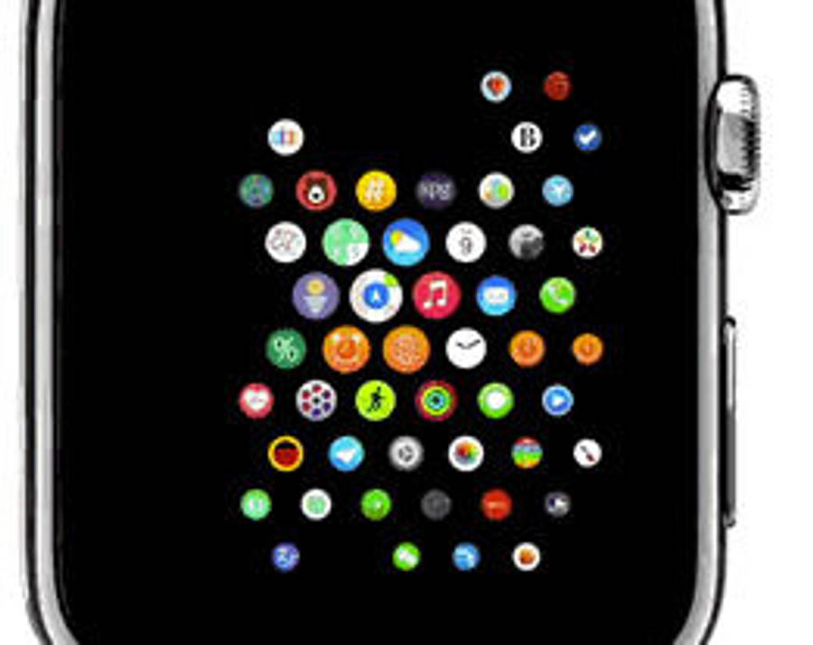 掌中科技：現代智能手錶展示 壁紙 — Apple Watch 嘅特寫，黑色螢幕上顯示色彩繽紛嘅應用程式圖標網格，帶有金屬側邊按鈕。