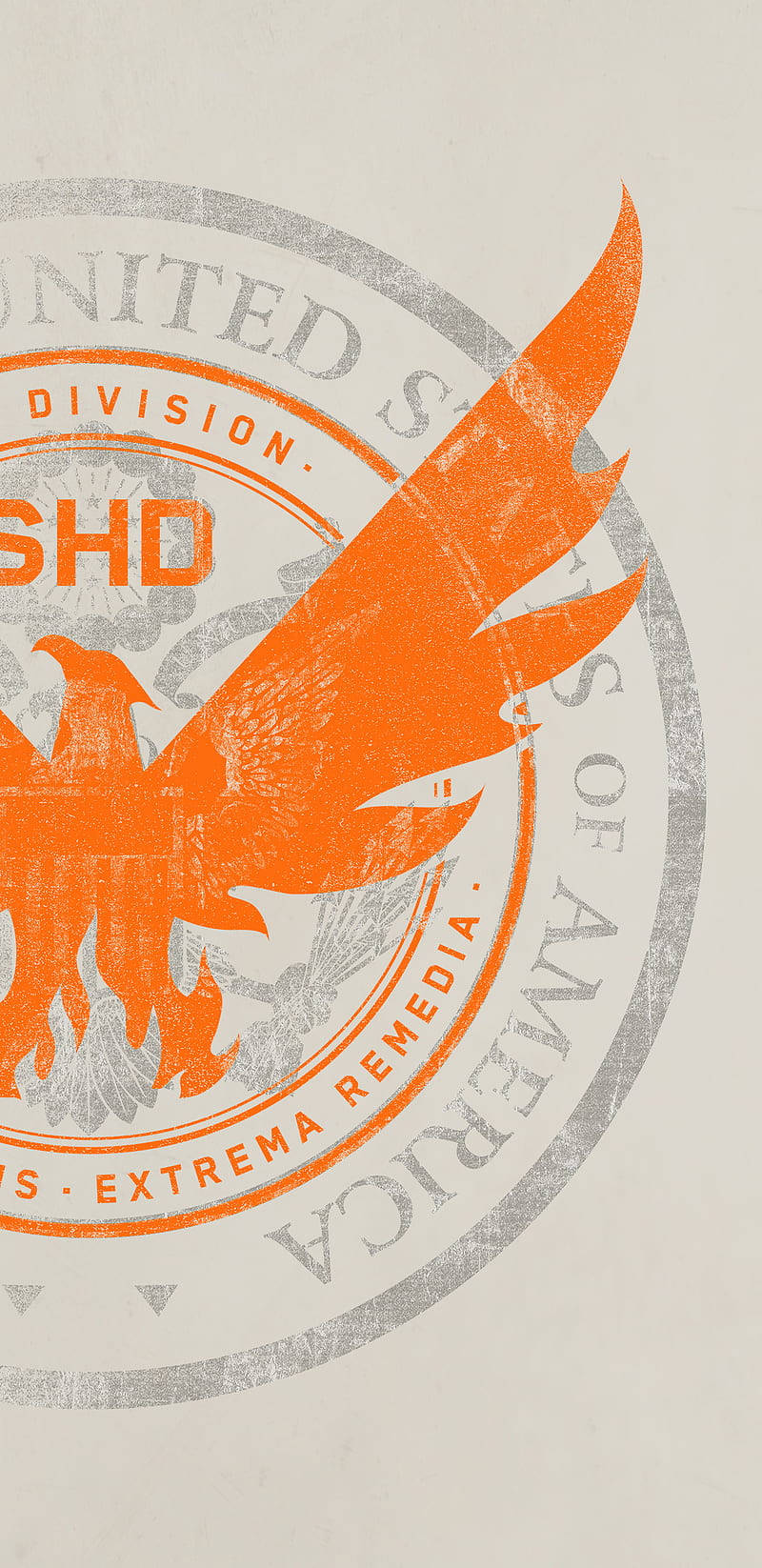 橙色鳳凰標誌，灰色印章背景上帶有文字 United States Division SHD Extrema Remedia。