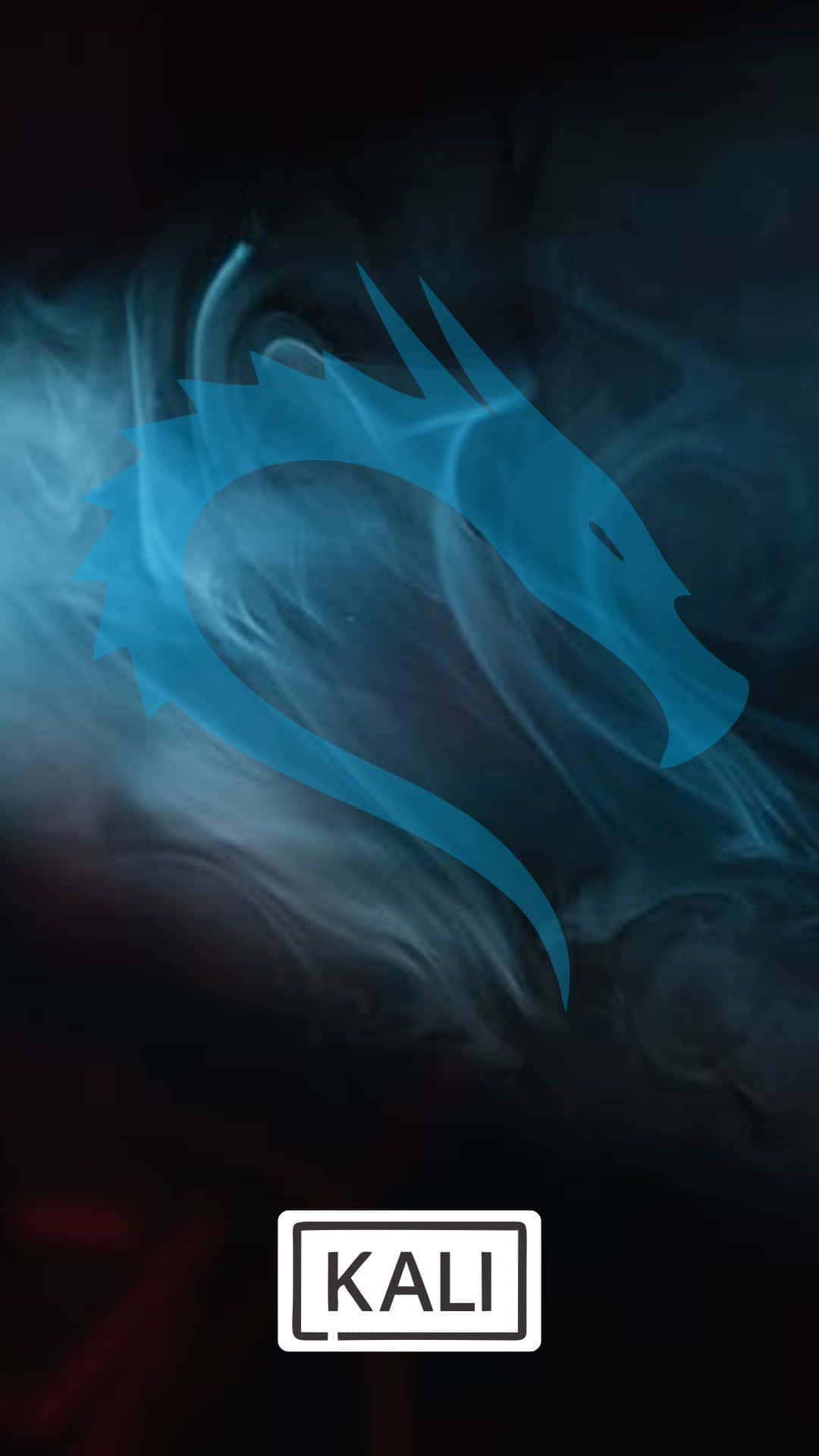 掌握 Kali Linux 的力量 壁紙 — 發光藍色龍剪影從旋轉煙霧中浮現，背景深色，下方有「KALI」標誌。