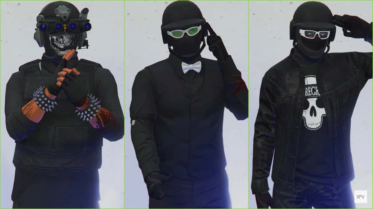 掌握Grand Theft Auto的世界 壁紙 — 三個戴面具的人物身穿戰術裝備，在雪景背景下以發光護目鏡和骷髏圖案敬禮。