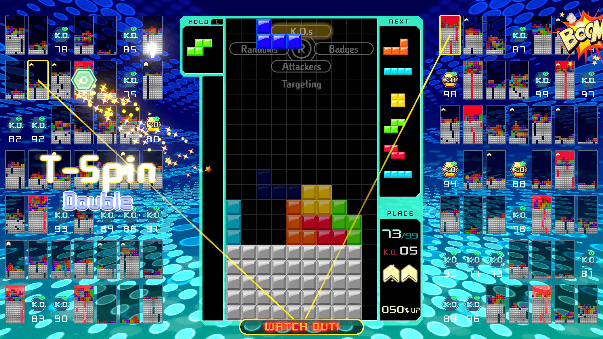 俄羅斯方塊遊戲畫面，T-Spin Double動作以發光藍色像素突出顯示。
