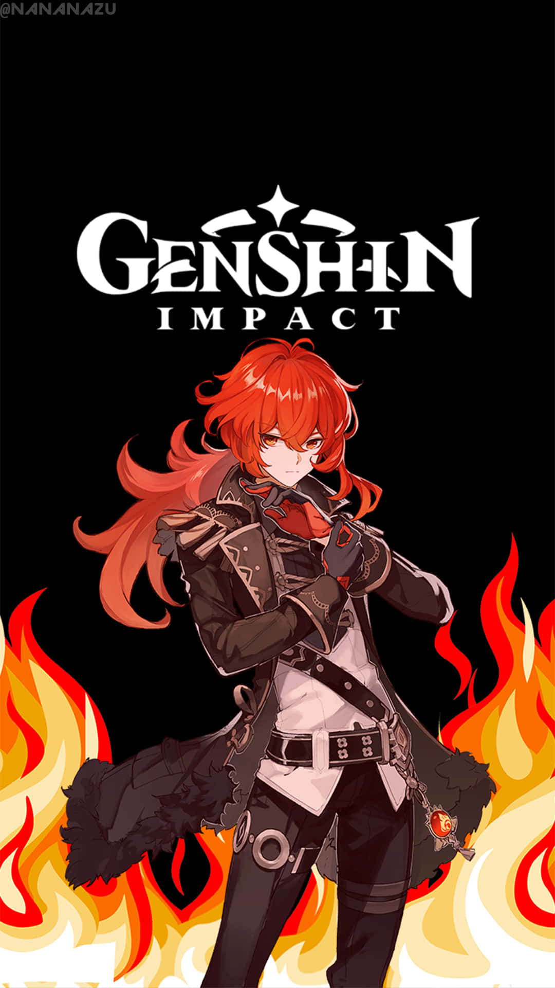 在Genshin Impact遊戲藝術中，紅髮動漫角色被火焰包圍。