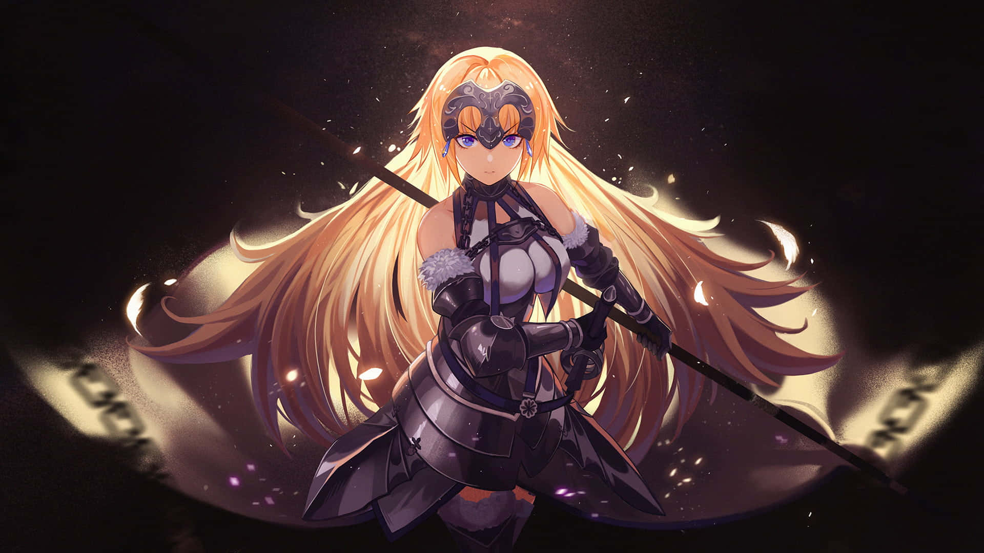 掌握命運，由你主宰！《Fate/Grand Order》 壁紙 — 一個發光的動漫戰士，長長的金髮和面具，在黑暗的宇宙背景下揮舞長矛。