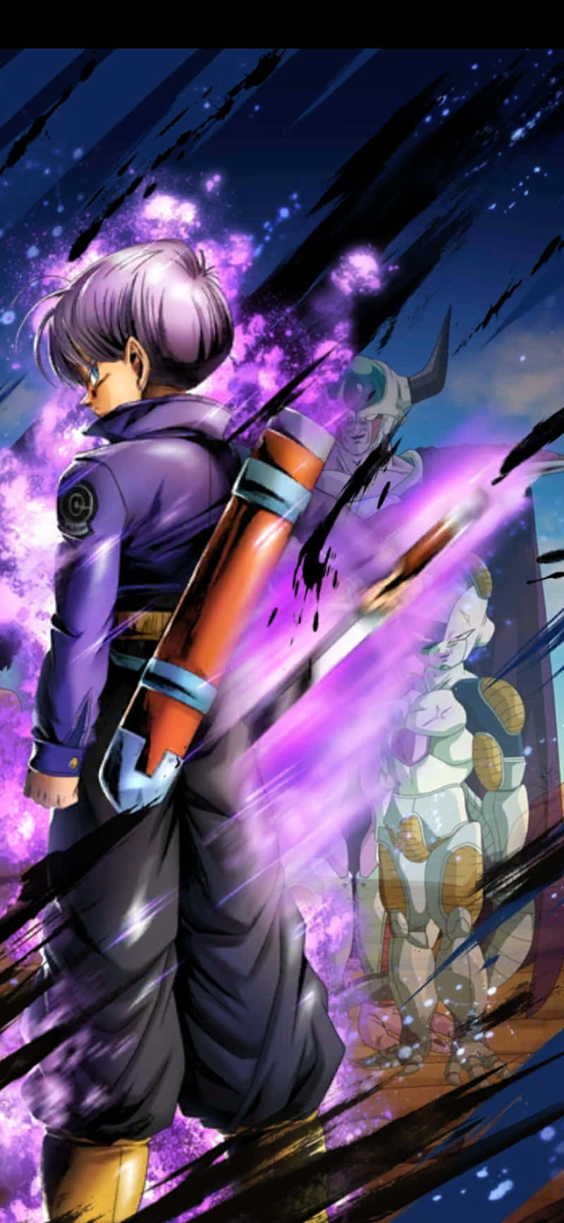 紫髮動漫戰士手持能量劍在太空中面對裝甲敵人。