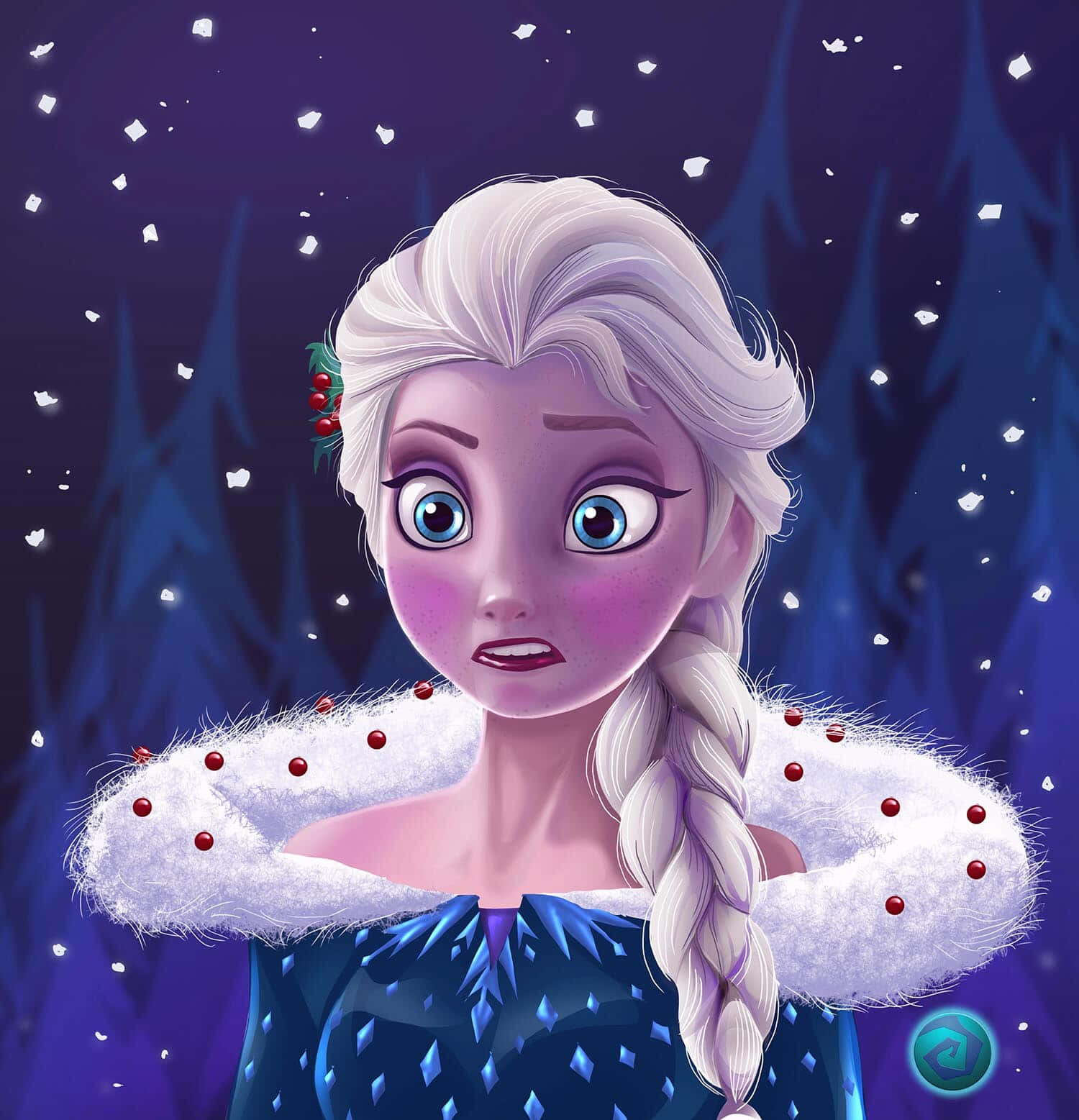 《冰雪奇緣》中的艾莎在雪地森林中穿著藍色連衣裙，配有白色毛皮和紅色漿果。