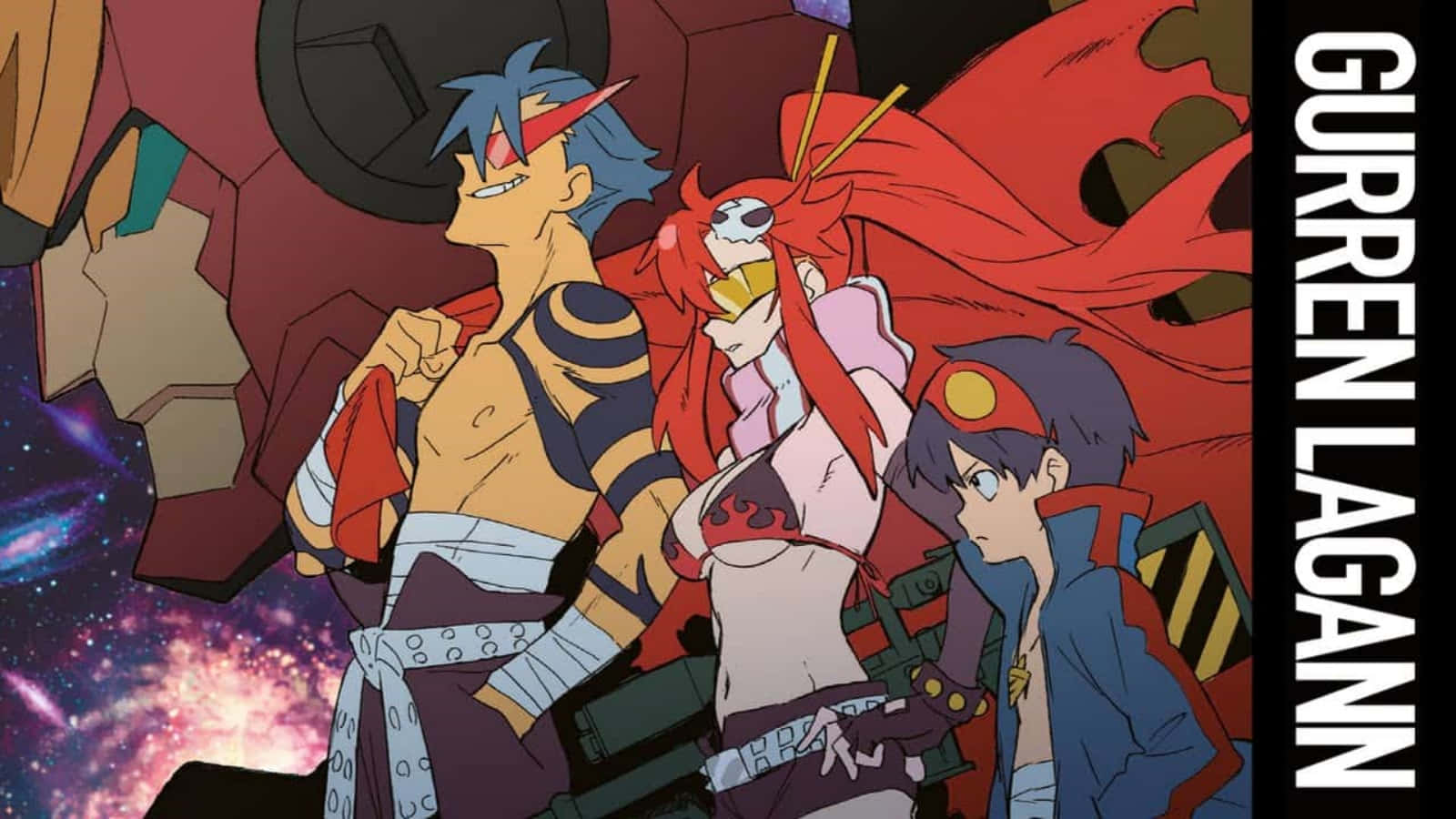 掌握螺旋之力，與《Gurren Lagann》一同啟動機械革命！ 壁紙 — 三個動漫角色自信地站在宇宙背景下，身後有一個巨大的機械人。