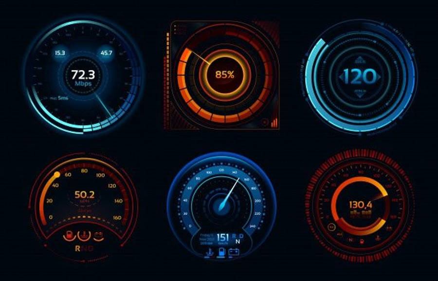 掌握速度的力量 - Speedtest 控制面板插畫 壁紙 — 六個發光的未來感數位儀表，在深色背景上呈現鮮豔的藍色和橙色霓虹顯示。