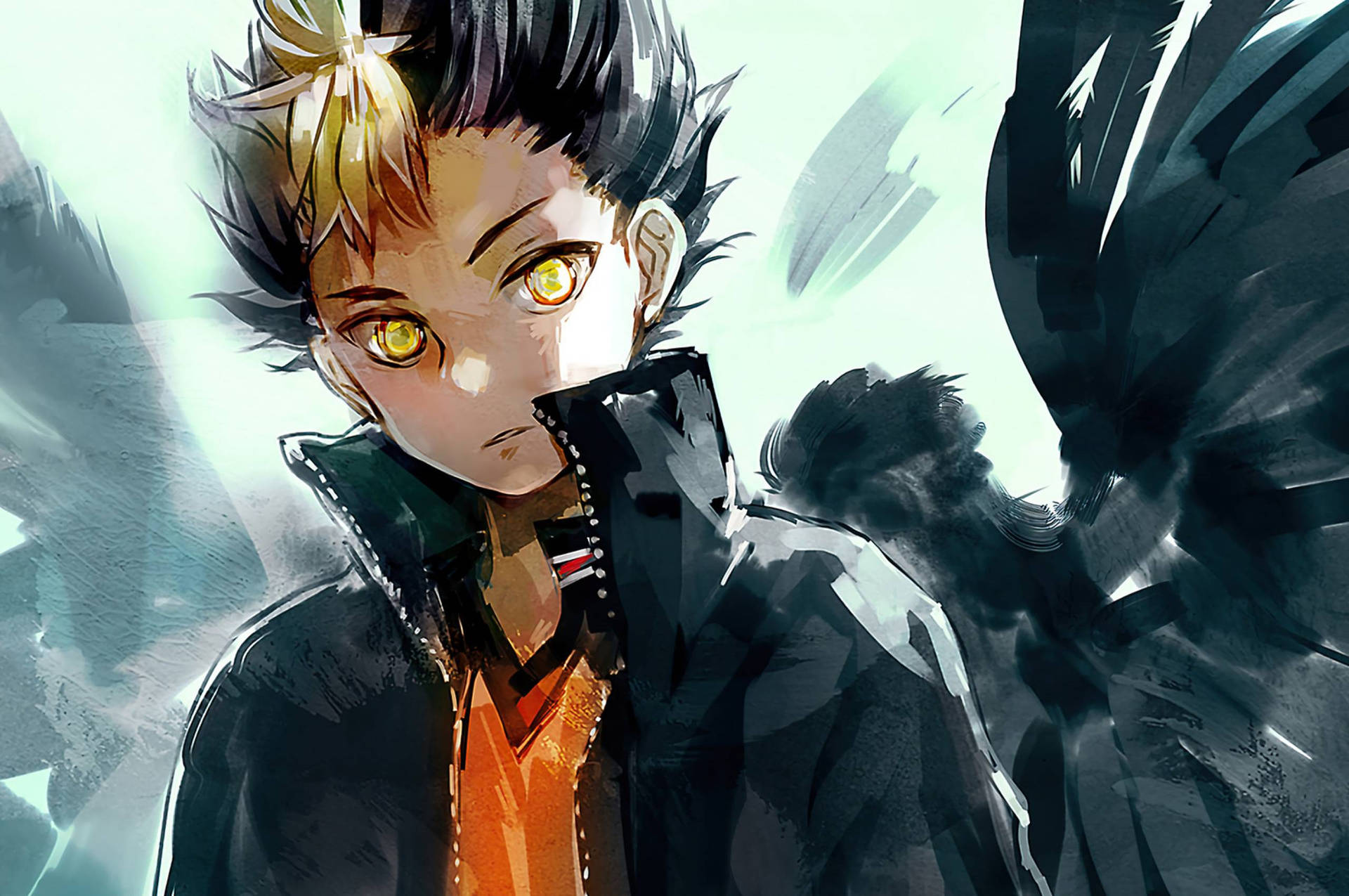 《排球少年!!》4K 日向翔陽黃眼水彩畫 壁紙 — 一個堅定的動漫男孩，有著刺狀的黑金髮和發光的黃色眼睛，向前凝視，背後有黑暗的翅膀。