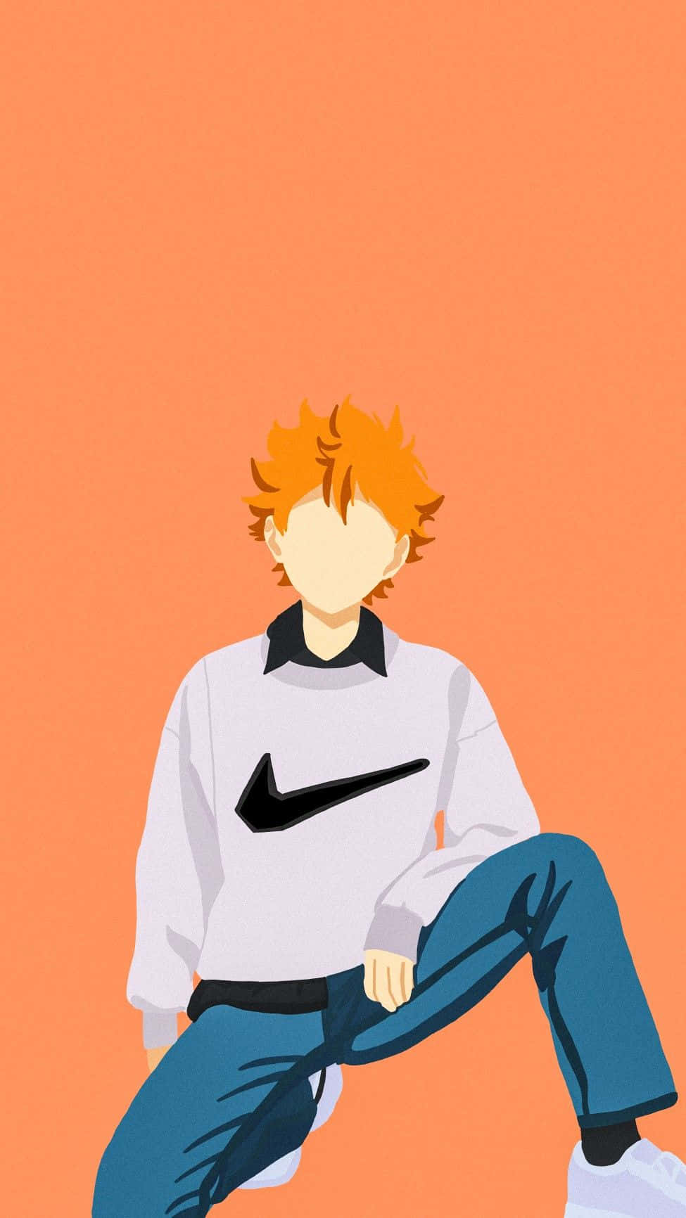 橙色頭髮的動漫男孩，身穿白色Nike運動衫，隨意地坐著。