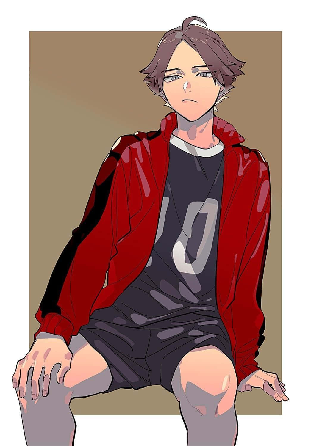動漫男孩身穿紅色外套和黑色球衣，號碼10，坐著。