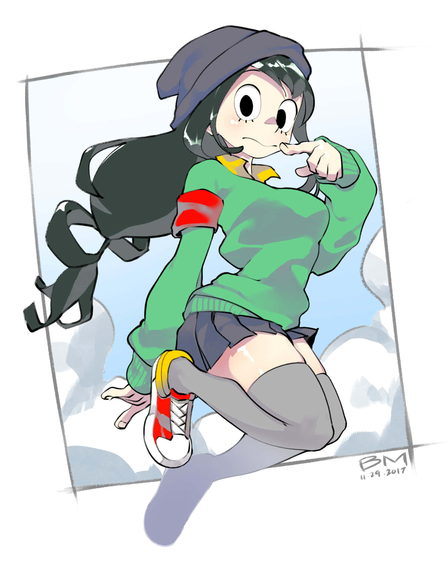 動漫女孩穿著綠色毛衣和冷帽，在陰天背景下跳躍並做出手指手勢。
