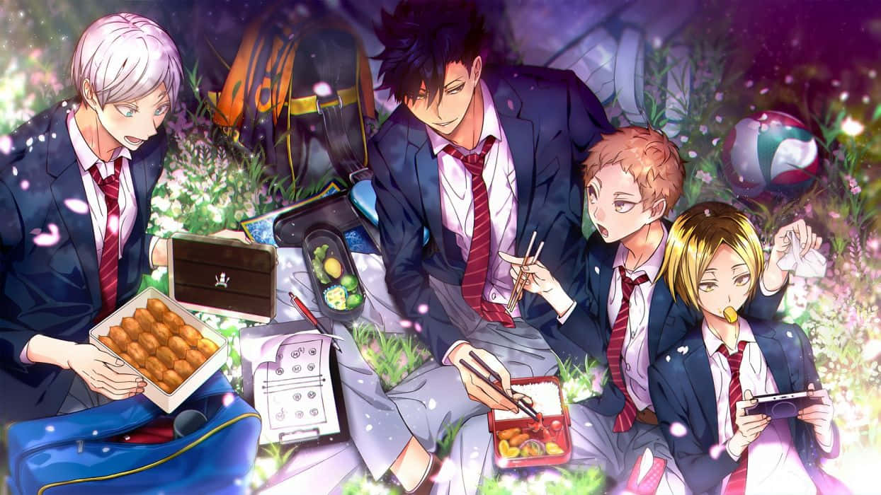 穿著校服的動畫男孩在櫻花下野餐，有食物和排球。