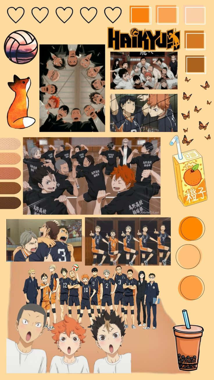 Haikyuu!!動畫排球隊拼貼畫，帶有橙色主題和飲料圖標。
