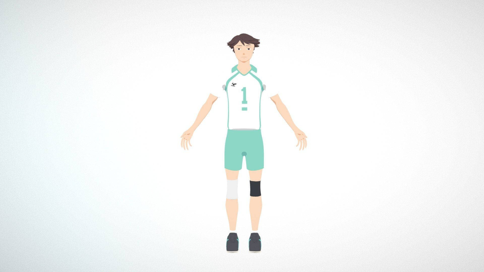 男性排球運動員穿著青綠色和白色制服靜止站立。