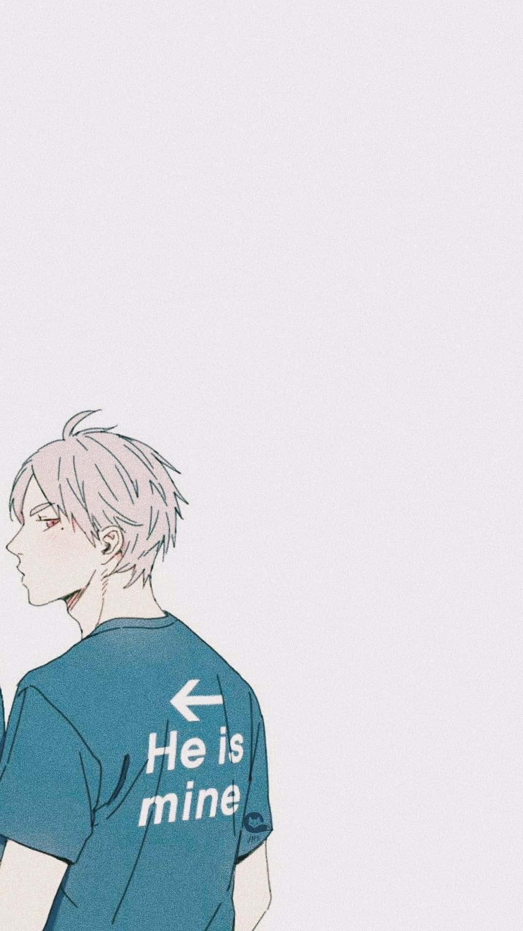 《排球少年!!》相配情侶頭像：相川楓 壁紙 — 動畫男孩，淺色頭髮，紅色眼睛，穿著一件青綠色襯衫，上面寫著「He is mine」，並有一個向左的箭頭，背景是純白色。