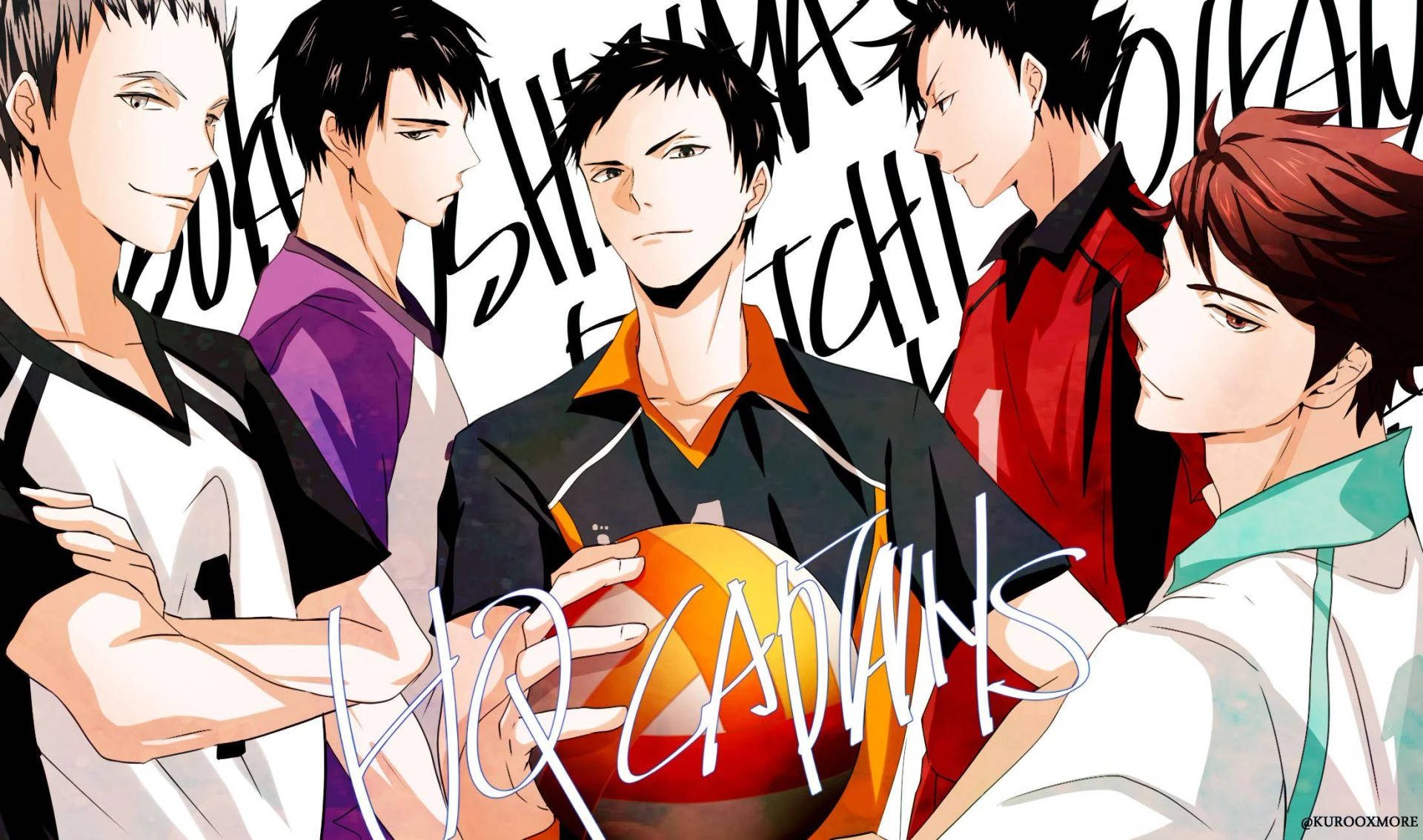 五名身穿隊服的動漫男性排球運動員手持一個帶有風格化文字的球。