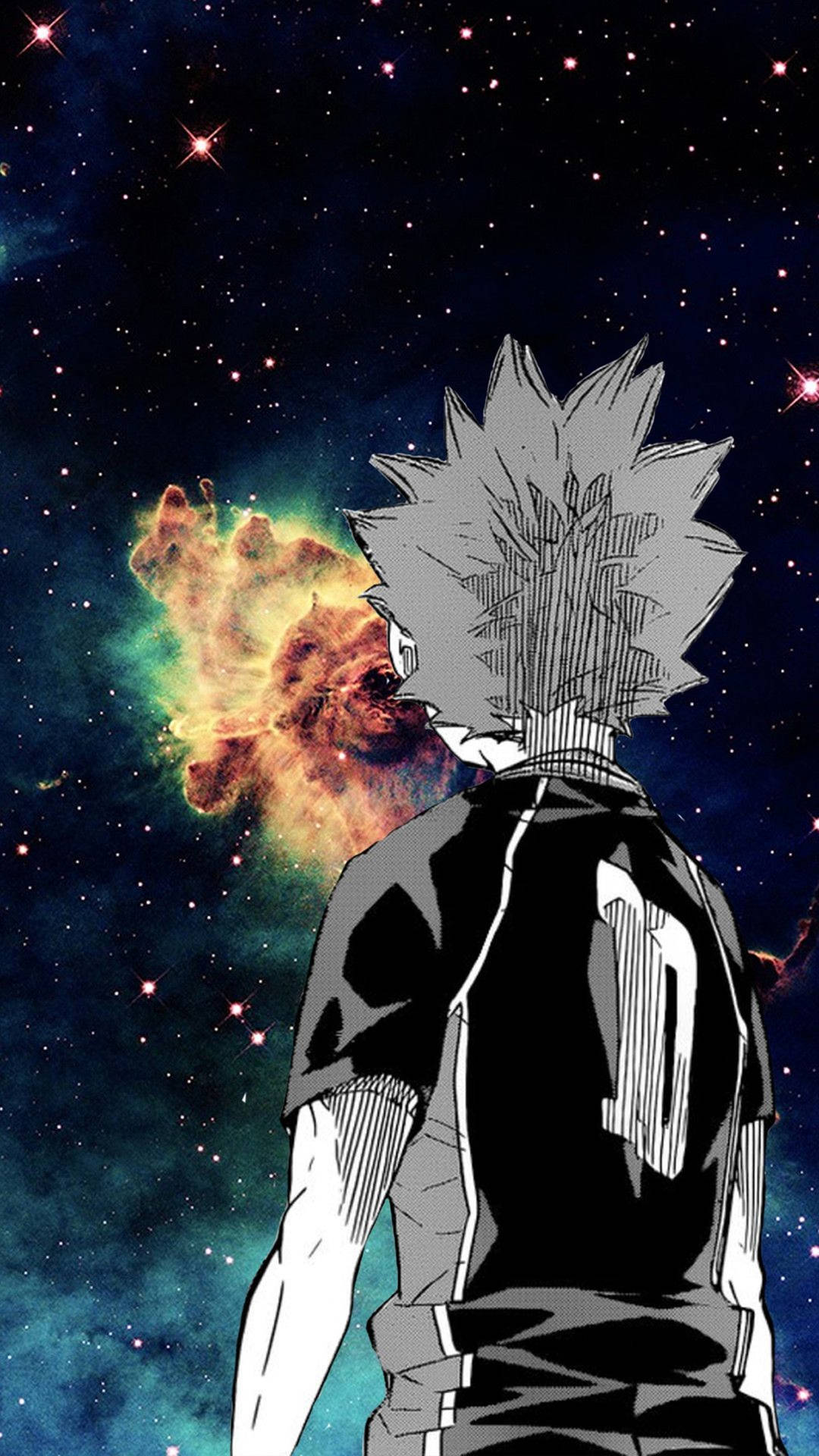 動漫角色穿著黑色球衣在繁星點點的夜空中觀看彩色星雲