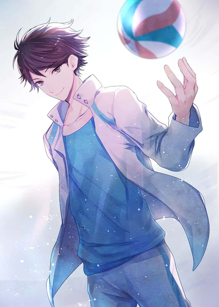 排球少年動畫 - 大將太郎 壁紙 — 一個微笑的動漫男孩穿著藍色衣服，在明亮閃爍的背景前頑皮地拋擲一個色彩繽紛的沙灘球。
