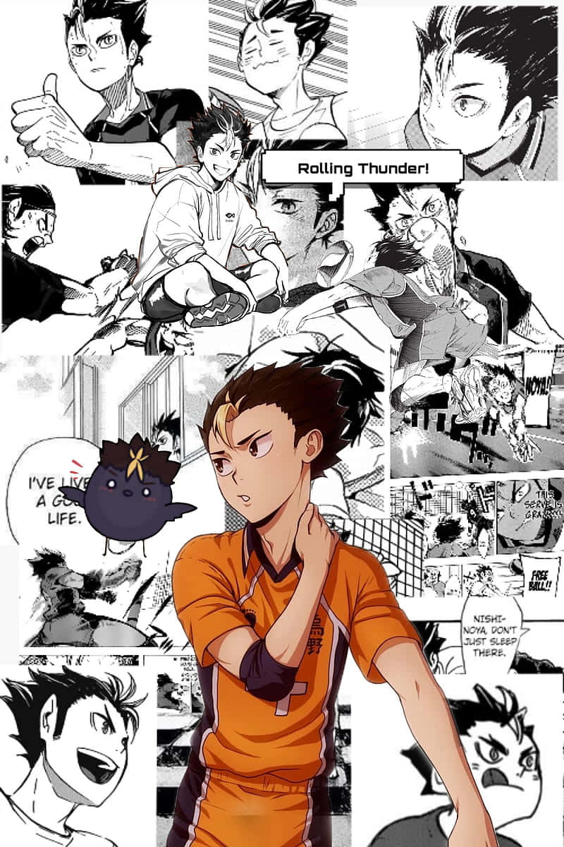 排球少年動畫 - 西谷夕漫畫風 壁紙 — 充滿動感的黑白漫畫面板，展示一位身穿橙色球衣、意志堅定的排球運動員，周圍環繞著動作場景和對話氣泡。