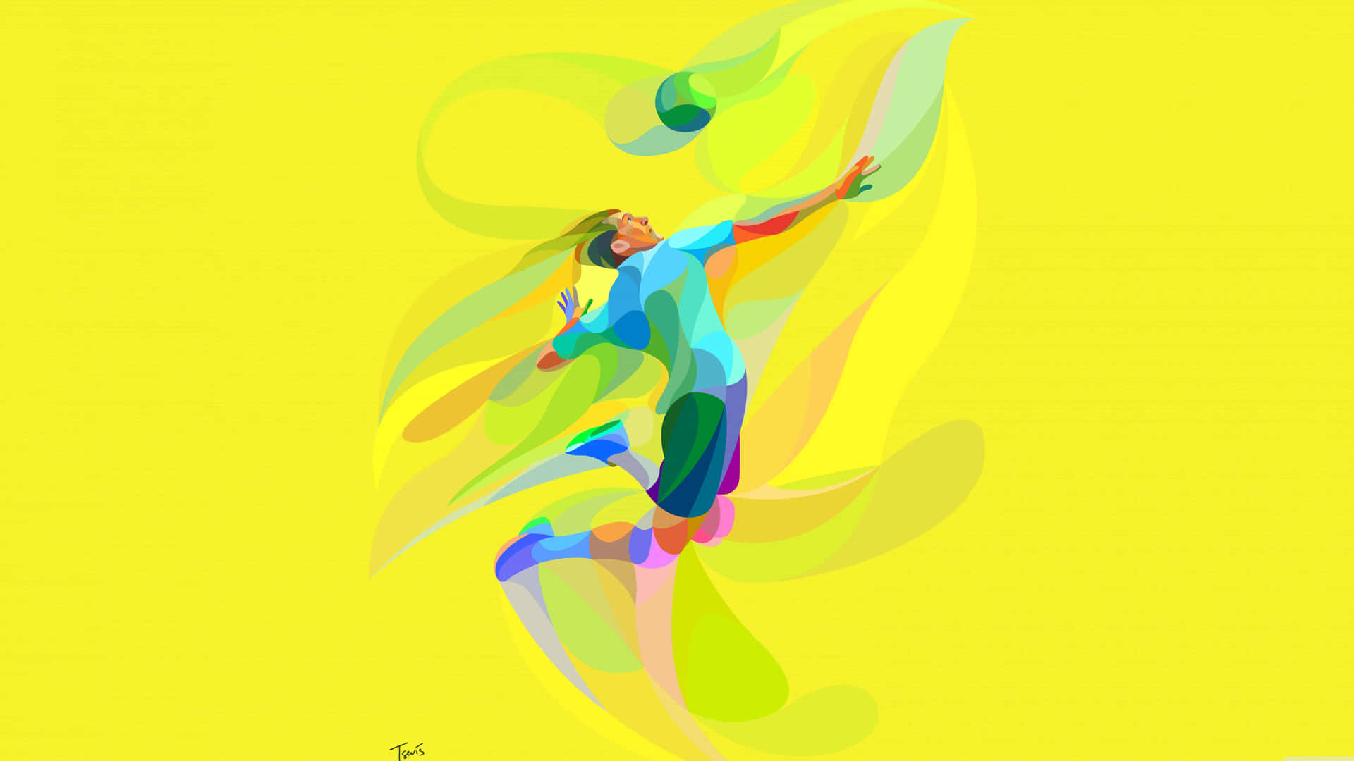 一幅色彩繽紛的抽象插圖，描繪了運動員在黃色背景上跳躍的動作。