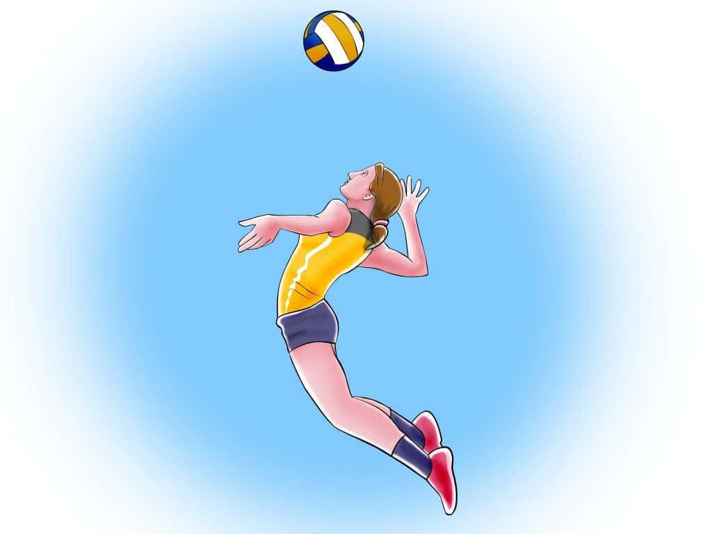 排球隊伍協力得分 壁紙 — 一名女子排球運動員在柔和的藍色漸變背景前高高躍起，伸手接球。