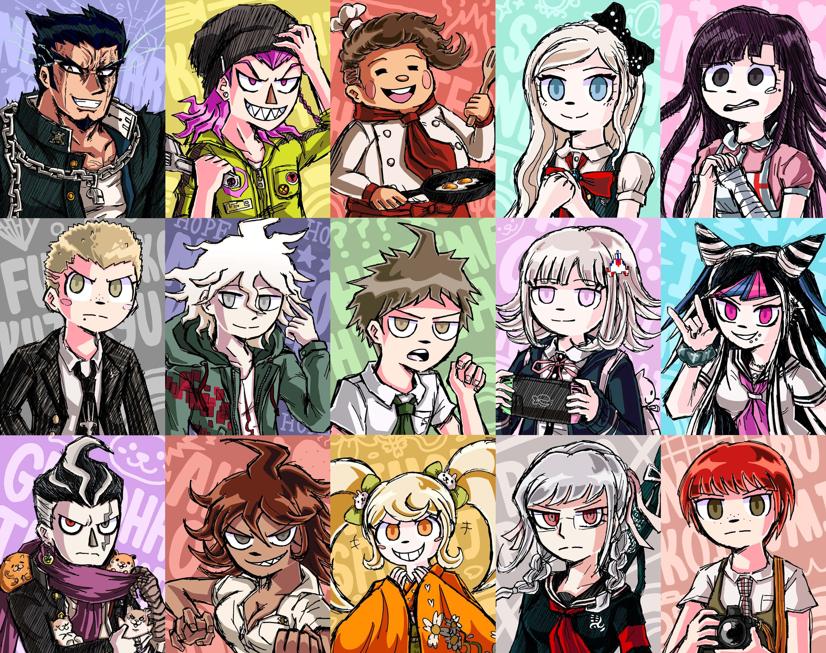 「掙脫束縛，擁抱你的全新開始」 壁紙 — 一個充滿活力的網格，包含15個動漫風格角色，表情各異，背景色彩繽紛。
